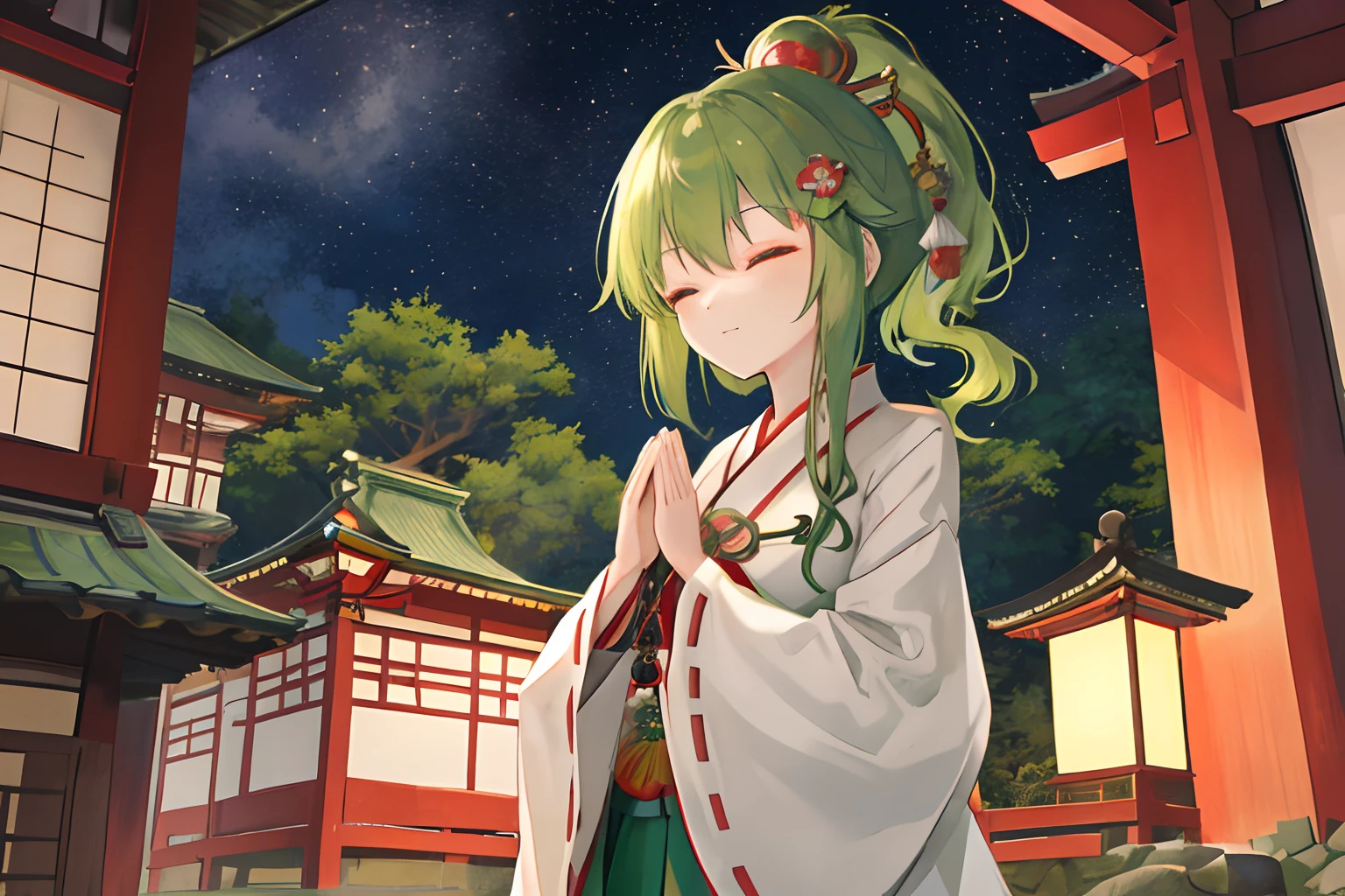 One green-haired girl at a shrine. She is praying to God. She is dressed in a fantasy-style Japanese miko costume. Night, quiet shrine, green medium hair, gorgeous miko costume, hands clasped in prayer,adult,adult,eyes closed,