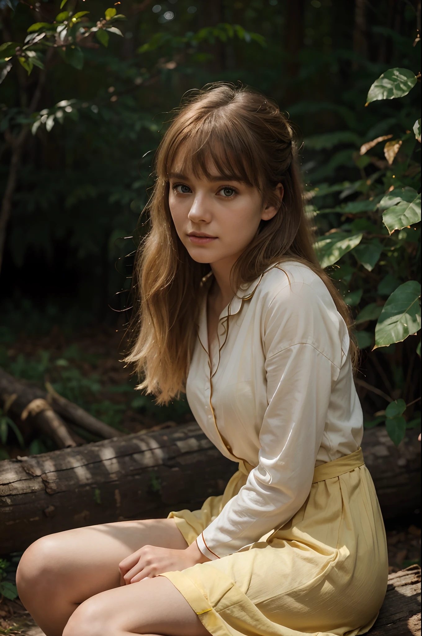 Photo of a beautiful girl in her 20s，Wearing ordinary pajamas on a long yellow cloth, Sit on logs in the misty forest, Rich yellow hair, Thick bangs, Beautiful eyes that sparkle, Symmetrical beautiful face, Cute and innocent face, nomake-up, Unadorned, filmgrain, Fantastic photos, concept photo, Emotional photography, Film photography, photograph realistic, hentail realism, Sharp focus, 14k, highly  detailed, CG Society, ultra-definition, Very fine particles, Dusty photos, Grain filter