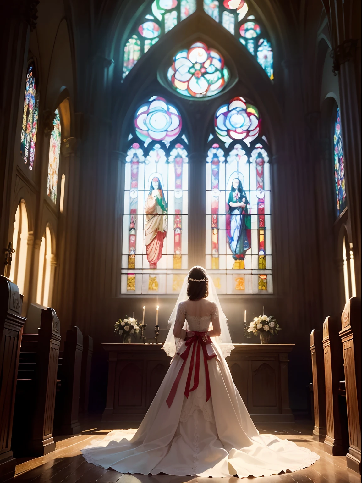 (masutepiece, of the highest quality, Best Quality,Official art, Beautiful and aesthetic:1.2),(1girl in:1.3),Girl in a wedding dress、Ria、Breaking stained glass art, Colored Glass, Lead Line, Light transmission breaks bright colors, intricate designs, luminous effect, Spiritual atmosphere、Looking at the altar、Rear