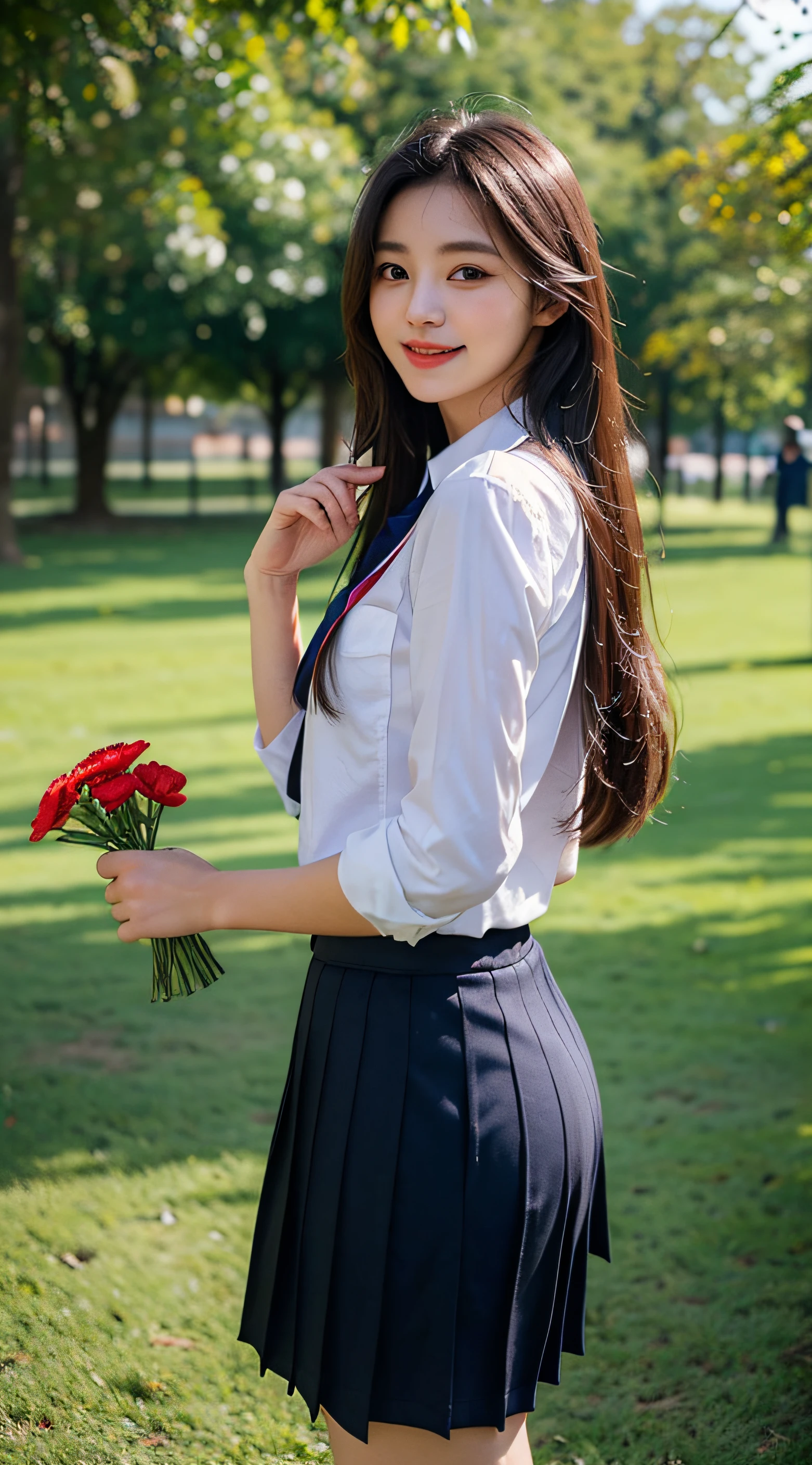 girl，sweet，long whitr hair，,8K, Girl student uniform，RAW photography, top-quality, tmasterpiece, Korean beauty style，hentail realism, Photorealsitic, Sweet smile, , Pretty beauty，school ground, The upper part of the body,Flowers in hand！