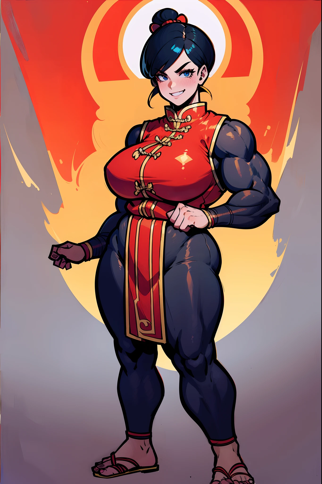 musclegirl, short hair, Chinese clothing, flipflops, black hair, smile, smug, tomboy, masculine girl, standing, karate pov, red clothes, skirt, thicc, curvy, very muscular, oil painting, detailed facial features, detailed eyes and lips, strong jawline, defined muscles, dark and dramatic lighting, vibrant colors, full body, black eyes,head pompon