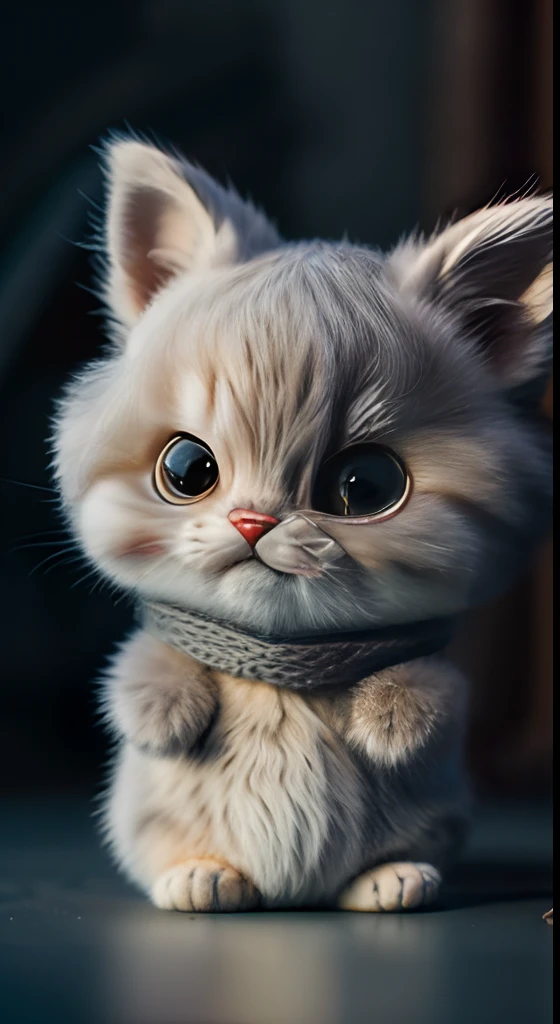 Tiny kitten on hand, grey, fat, full body, garfield, no_humans, depth of field, disney style, DARK_Glam, wearing DRK_Glam, deep shadow, (dark: 1.4), (8k, RAW photo, best quality, masterpiece: 1.2), big expression happy with mouth