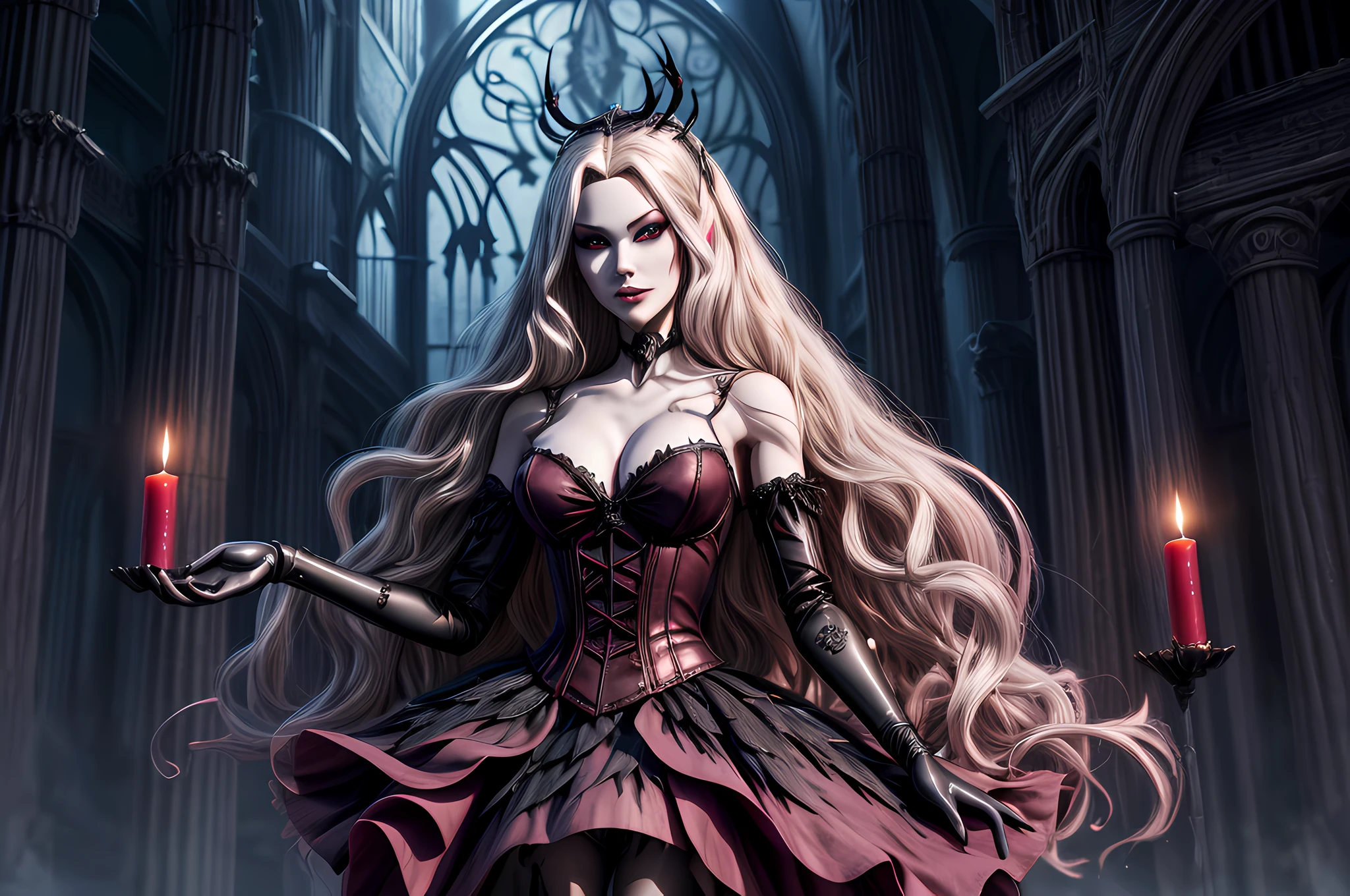 Fantasy art, RPG art, Dark fantasy art,  picture of extremely 1beautiful Barbie vampire, Barbie mistress of death, she has long hair, flowing hair, wavy hair, blond hair, pale grey skin, red eyes, stains of blood on face, she wears dark pink dress, silk dress, she wears stockings, high heels, Barbie dollhouse backgrond, dynamic position, (full body: 1.2) dim candles light, dark fantasy art, gothic art, dynamic angle, best details, best quality, 16K, [ultra detailed], masterpiece, best quality, (ultra detailed), full body, ultra wide shot, photorealistic, 3D rendering, NeroV2