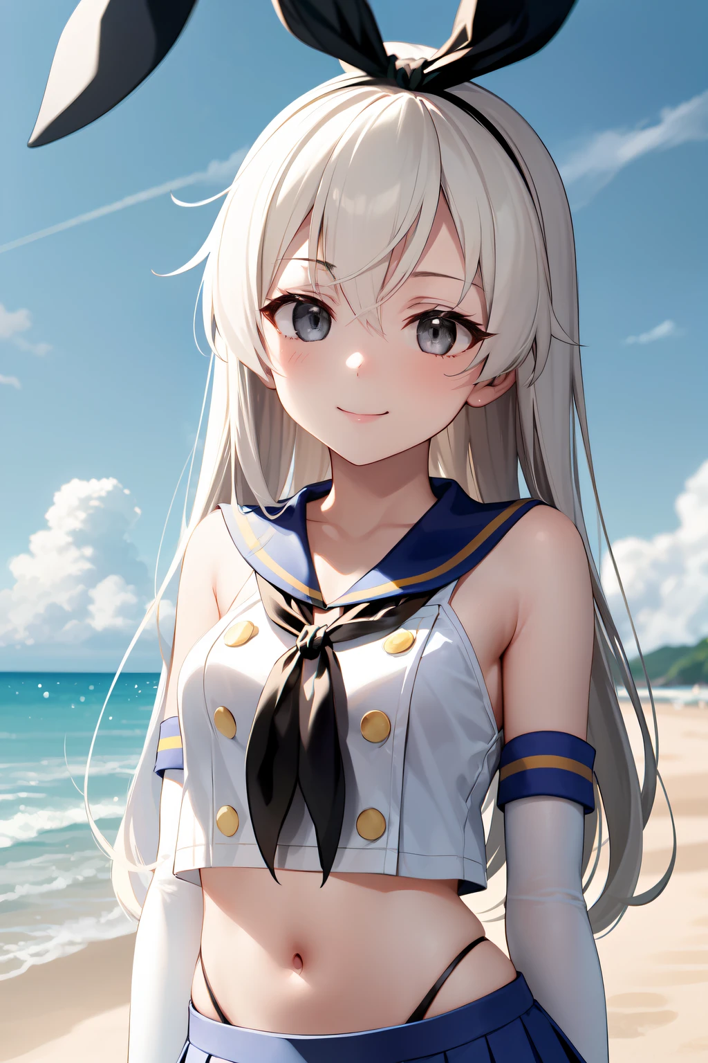 extremely detailed, ambient soft lighting, 4K, quality, 1girl, solo, upper body, shimakaze \(kancolle\), blonde hair, long hair, grey eyes, grey irises, tareme, smile, white elbow gloves, crop top, pleated skirt, highleg panties, outdoors, beach, day, clouds,