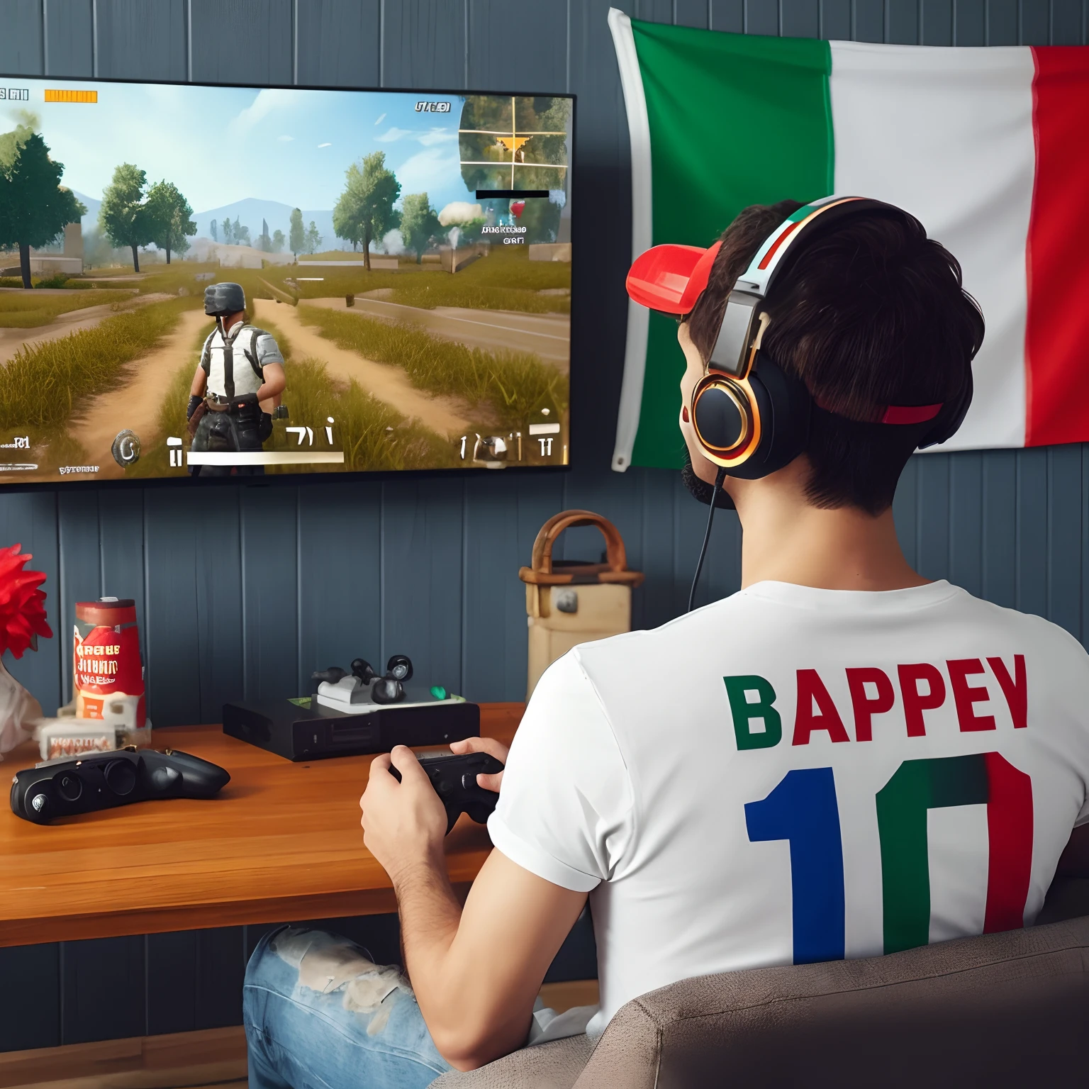 arafed man playing a video game on a tv with a remote control, gaming, in pubg, inspired by Italo Mus, inspired by Master of the Bambino Vispo, inspired by Pál Balkay, gaming room, 🕹️ 😎 🔫 🤖 🚬, italian garb the future, inspired by Ugo Nespolo, fantasy italy