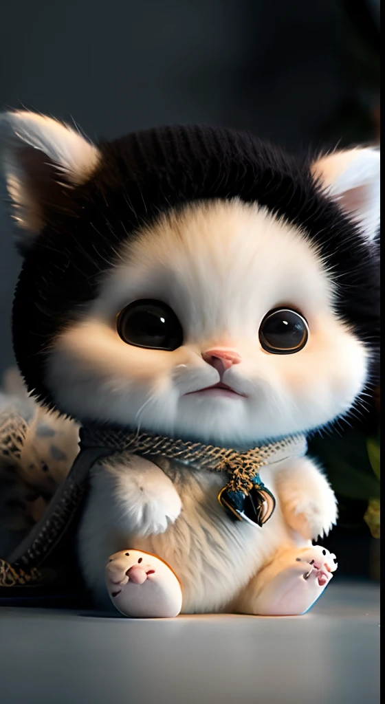 Tiny kitten on hand, white, full body, garfield, no_humans, depth of field, disney style, DARK_Glam, wearing DRK_Glam, deep shadow, (dark: 1.4), (8k, RAW photo, best quality, masterpiece: 1.2), big expression happy with mouth