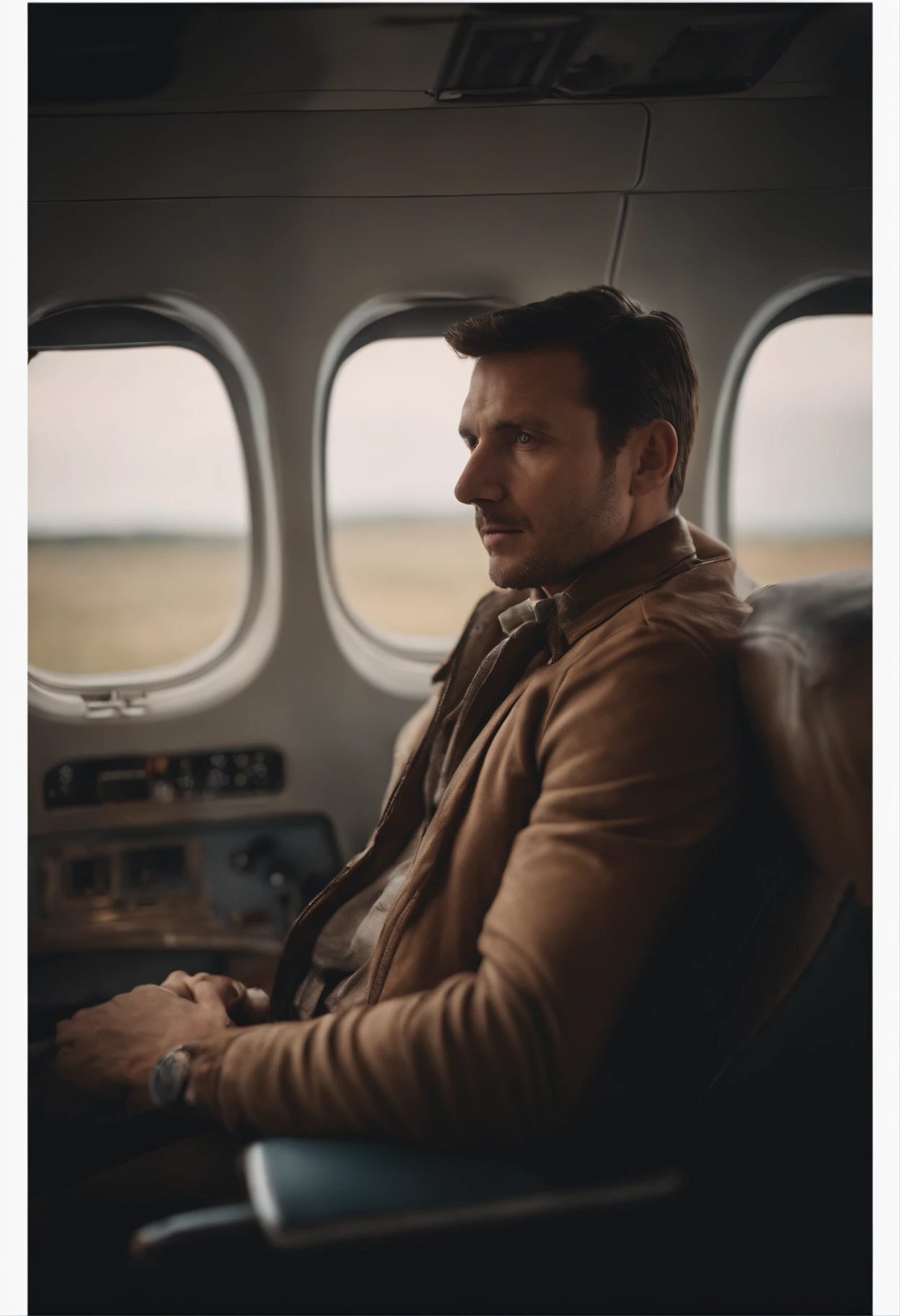 Short brown hair man sitting in a low-cost plane
