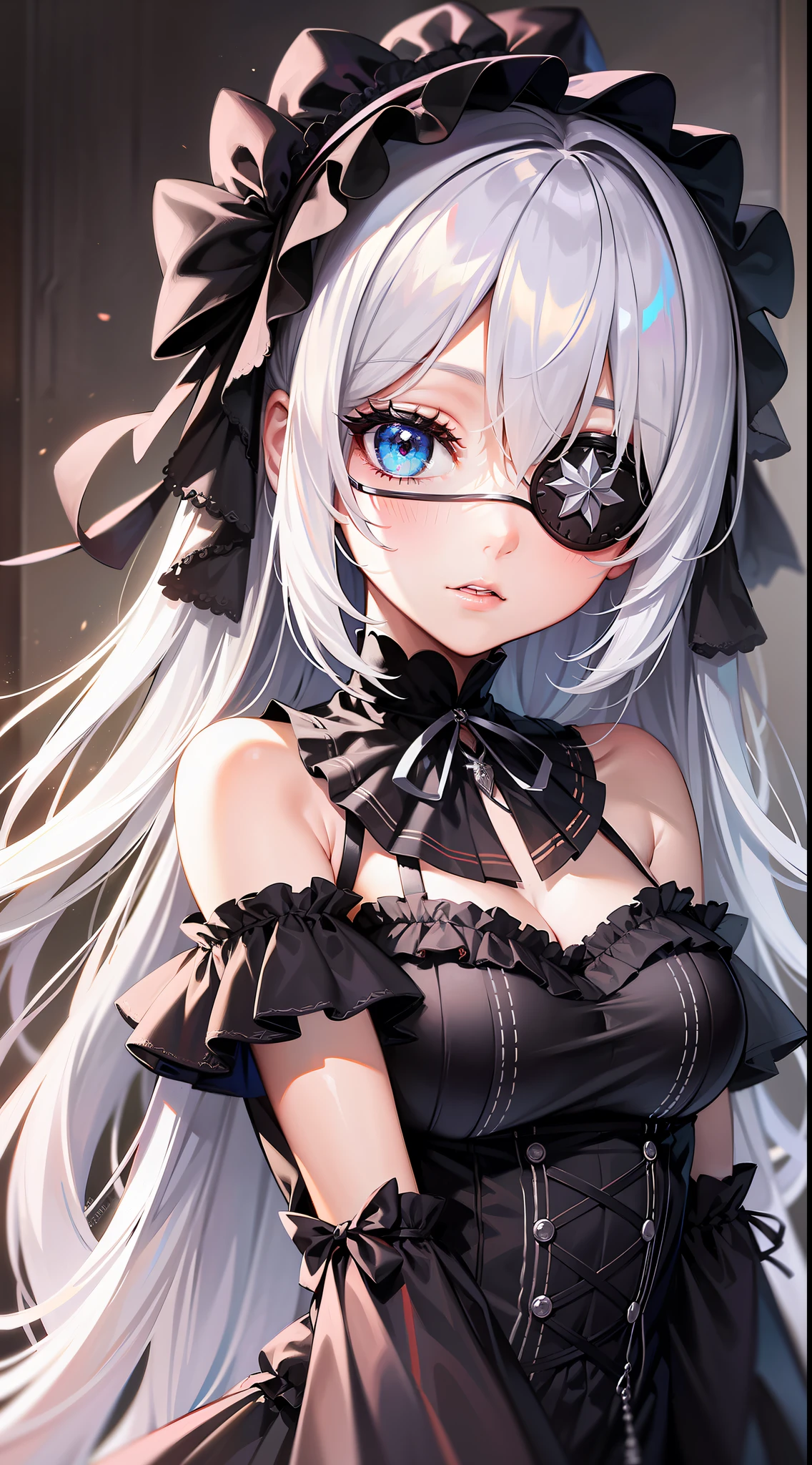Top Quality, Ultra High Quality, 8K, Super Beautiful, 1girl, Silver Hair, Eye Patch on Left Eye, Detailed Pupil, Gothic Lolita, Goth Loli,