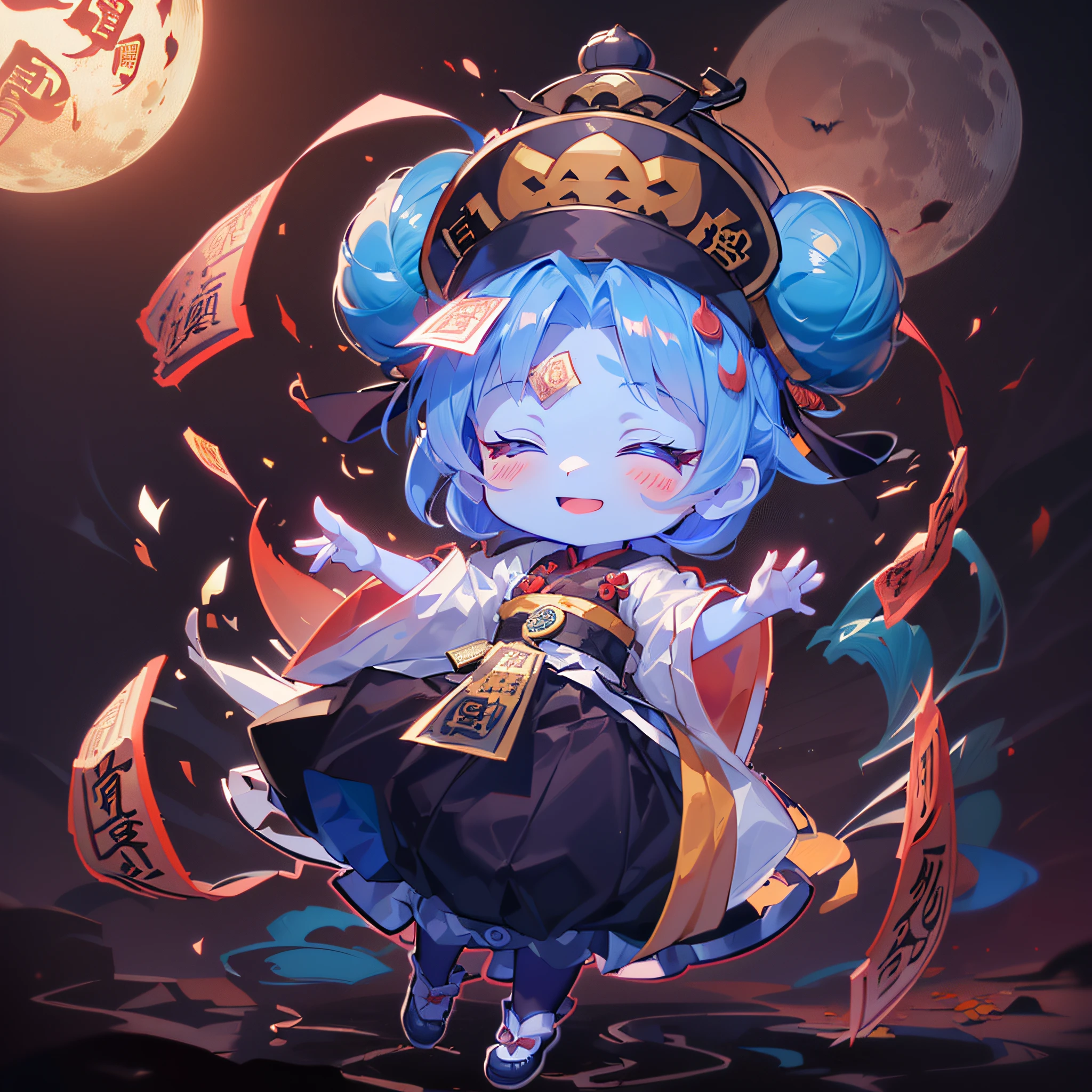 masutepiece, Best Quality, Extremely detailed, girl with, Solo, Happy, Closed eyes,Full body, ((Bun_Head:1.3))), (Blue skin), (((Jiangshi Costume))), (Ōfuda on the forehead :1.4), (((Deformed))), (((Chibi Character))), (Autumn background), halloween night background, moon light