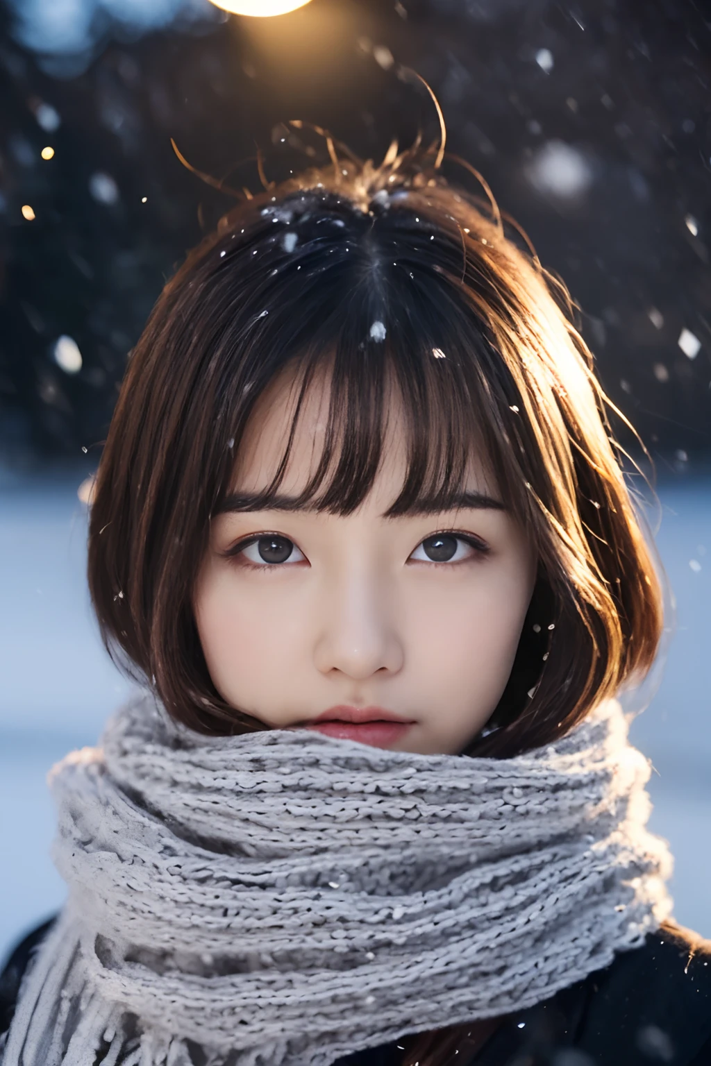 ((no-makeup、closes mouth:1.2))、(realisitic、Photorealsitic、ultra-detailliert、Highest Details Skins、top-quality、​masterpiece、超A high resolution)、Cute Japan Woman、17 age、hi-school girl、younggirl、1 girl in、I have bangs、二重まぶた、drooing eyes、Japanese style face、purity、double tooth、Realistic skin type、Thick muffler、Grey muffler、fluffy hair、((Hair is inside the scarf:1.3))、Red cheeks、The wind is blowing、It's snowing、natta、illuminations、Lighting from behind