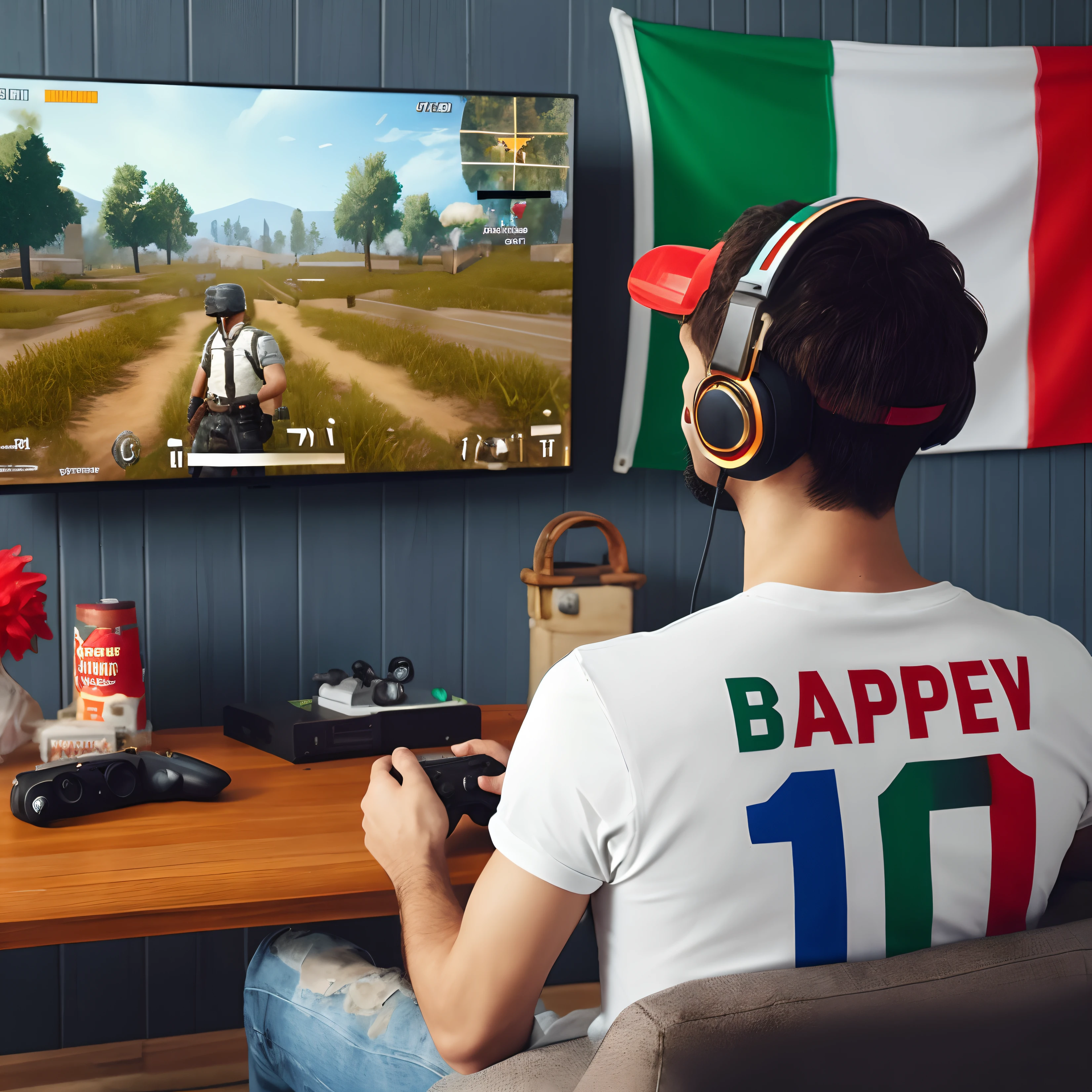arafed man playing a video game on a tv with a remote control, gaming, in pubg, inspired by Italo Mus, inspired by Master of the Bambino Vispo, inspired by Pál Balkay, gaming room, 🕹️ 😎 🔫 🤖 🚬, italian garb the future, inspired by Ugo Nespolo, fantasy italy