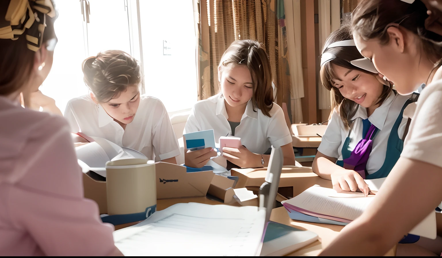 several girls are sitting at a table with notebooks and papers, studying in a brightly lit room, in a classroom, photo of a classroom, integrating with technology, dlsr photo, student, school class, mobile learning app prototype, by Juan O'Gorman, sitting in the classroom, by Judith Gutierrez, in a school classroom, bottom angle, blurred photo, digitally enhanced