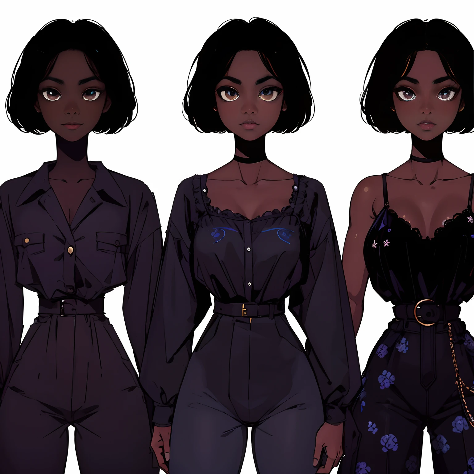 (best quality:1.1),original,1girl,chic,trendy,short afro hair, dark skin, makeup, 1970's, blue hair, brown eyes, anime style, niji