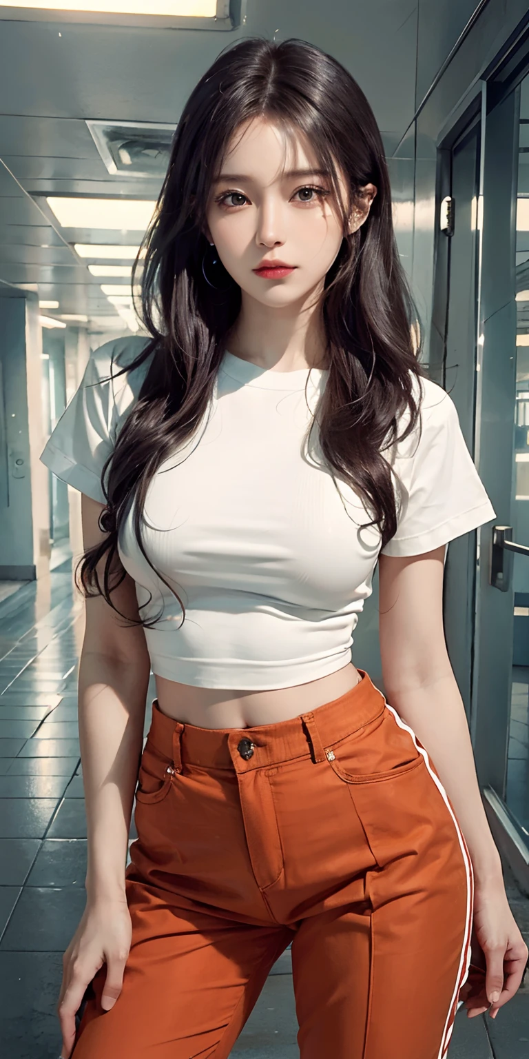 Realism, 8k, 1girl, long wavy curls, pale skin (Chinese beauty), (smiling) young beauty, thick eyebrows, ((d cups)), hoodie ((good figure)), (tight) denim shorts (denim ripped shorts), (cleavage) small waist, wide thighs, standing one thigh up, wide thigh gap, leg apart, ( leg white)