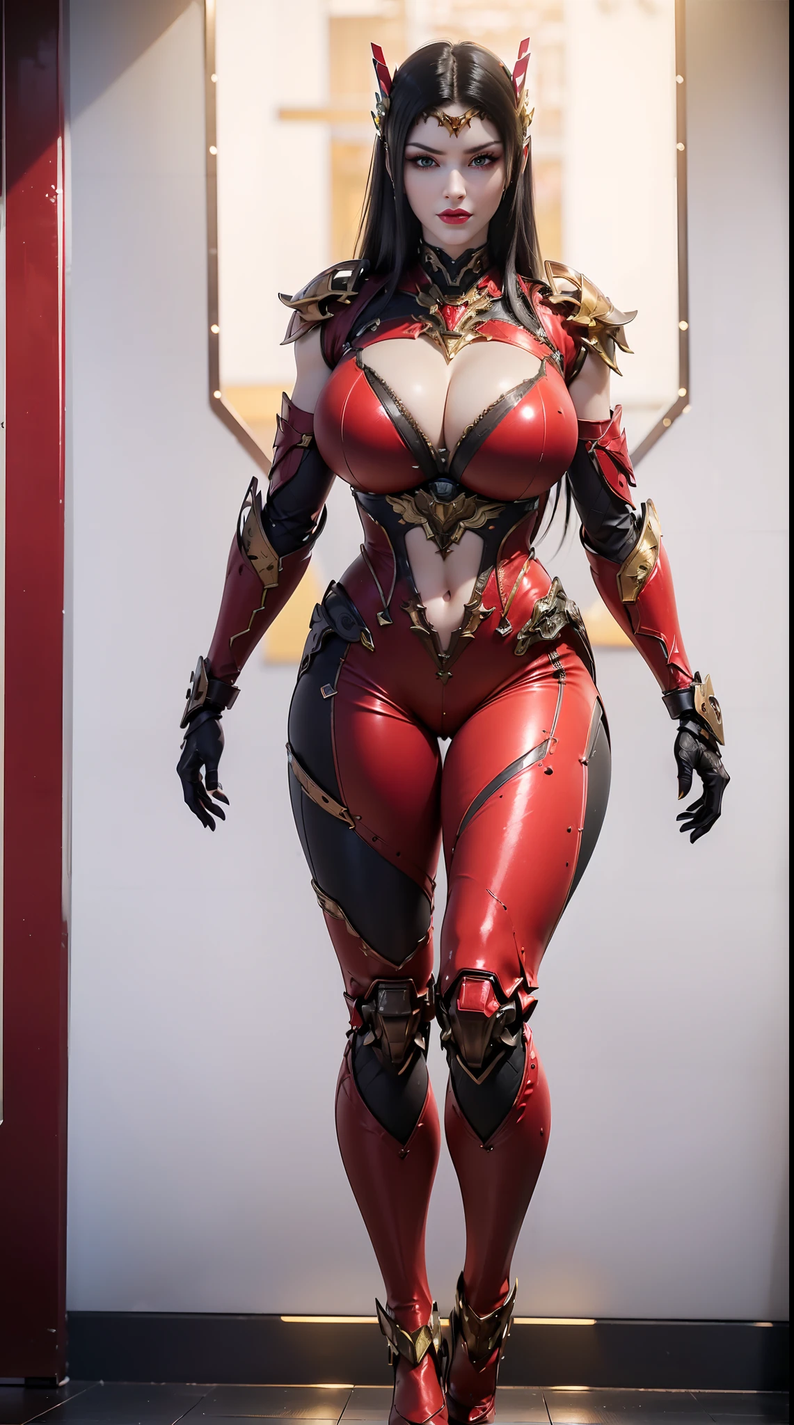 (1GIRL,ALONE:2), (super detailed face), ((mecha golden phoenix head:1)), (BIG BUTTOCKS, HUGE FAKE BREASTS:1.5), (CLEAVAGE TOP:1.3), (MUSCLE ABS:1.3), (MECHA GUARD ARM:1.4), ((WEAR RED MECHA OVERWATCH ARMOR SUIT, BLACK MECHA SKINTIGHT SUIT PANTS, MECHA GUARD ARMOR LEGS, HIGH HEELS:1.5)), (MUSCULAR FEMALE BODY:1.3), (GLOWING SKIN:0.8), (SEXY LONG LEGS, FULL BODY:1.1), (LOOKING AT VIEWER:1.3), (female focus:0.886), (WALKING DOWN HALLWAY OF FUTURISTIC SPACE STATION:1), (BRIGHT LIGHT WHITEROOM:1.3), SUPER TEXTURE, UNREAL ENGINE RENDER, PHYSICALLY-BASED RENDERING, ULTRA HIGHT DEFINITION, 16K, 1080P.