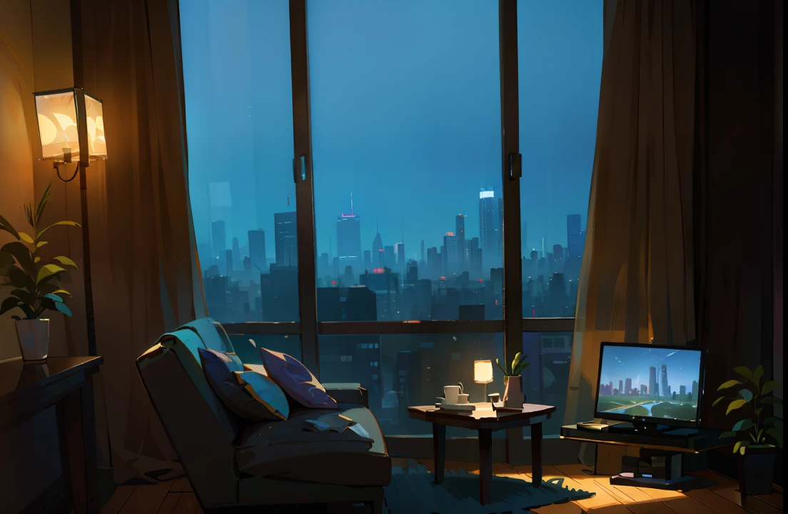 [Best quality,4K,8K,A high resolution,Masterpiece:1.2],Ultra-detailed,(Realistic,Photorealistic,photo-realistic:1.37),liveroom，The windows of the metropolis can be seen,Modern architecture,Spacious and bright,Panoramic cityscape,modern interior design,Soaring skyscrapers,gemerlap lampu kota,Impressive city skyline,Stylish and minimalist furniture,Comfortable seating area,Tall floor-to-ceiling windows,Plenty of natural light,City at night,Illuminated street lights,Urban hustle and bustle,a peaceful and serene atmosphere,Polished hardwood floors,Contemporary art,neutral color palette,Soft and comfortable carpet,Recreation center,State-of-the-art audiovisual system,Smart home technology,Automatic blinds,Dimmable lighting,Lush houseplants,Stylish coffee table,Fresh houseplants,Stylish decorative accents