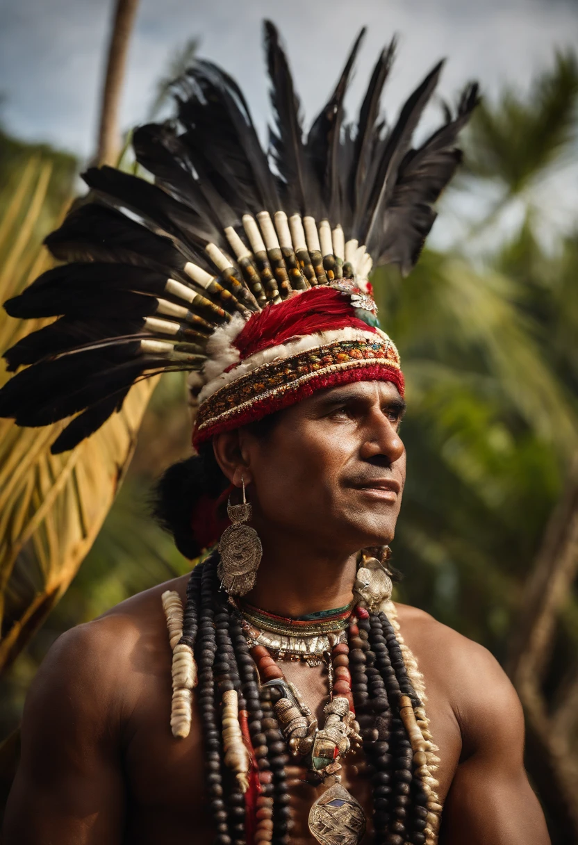 Indian Male Acai Berry , Palm trees behind macaw chiefs in the sky