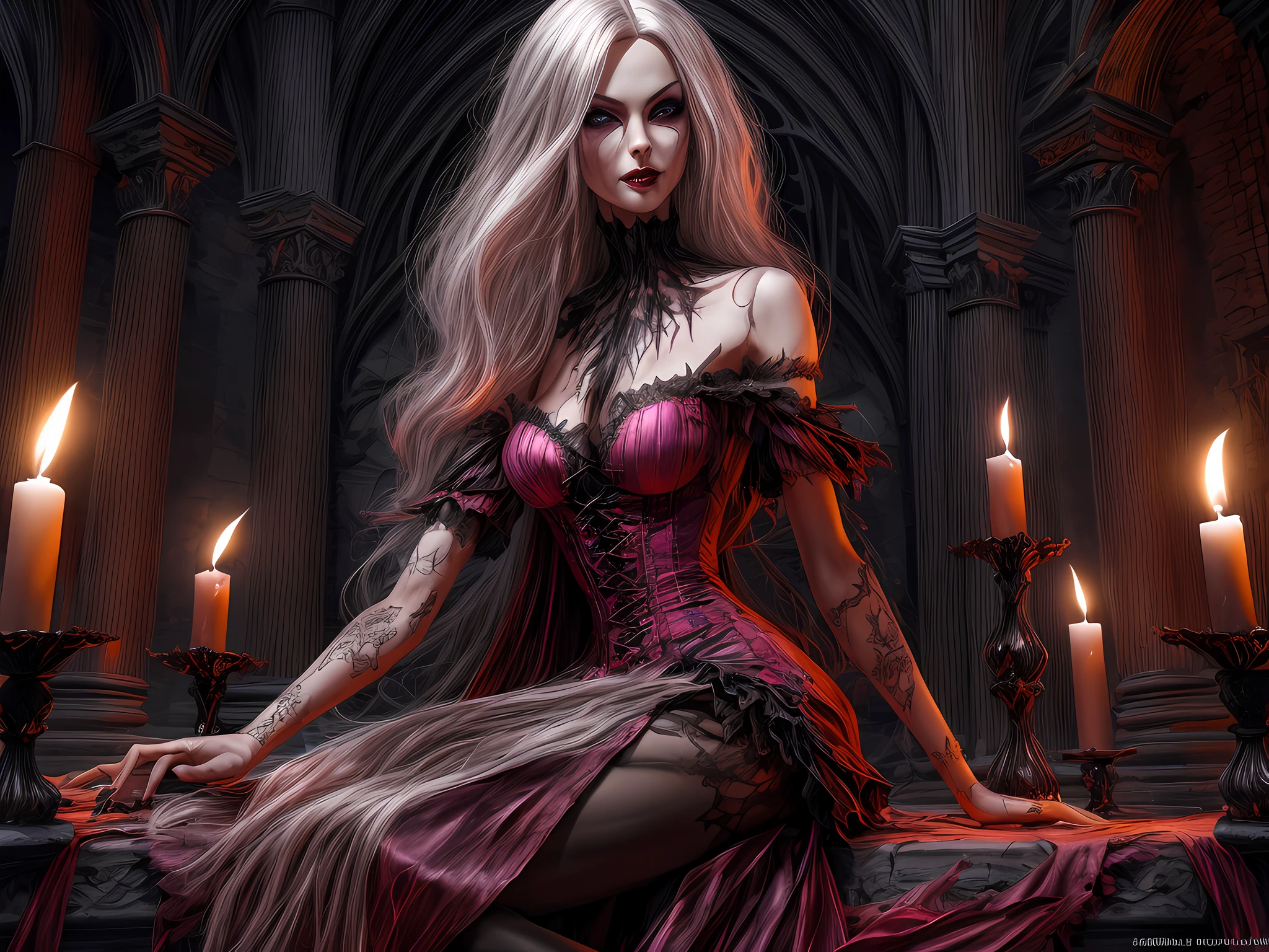 Fantasy art, RPG art, Dark fantasy art,  picture of extremely 1beautiful Barbie vampire, Barbie mistress of death, she has long hair, flowing hair, wavy hair, blond hair, pale grey skin, red eyes, stains of blood on face, she wears dark pink dress, silk dress, she wears stockings, high heels, Barbie dollhouse backgrond, dynamic position, (full body: 1.2) dim candles light, dark fantasy art, gothic art, dynamic angle, best details, best quality, 16K, [ultra detailed], masterpiece, best quality, (ultra detailed), full body, ultra wide shot, photorealistic, 3D rendering, NeroV2