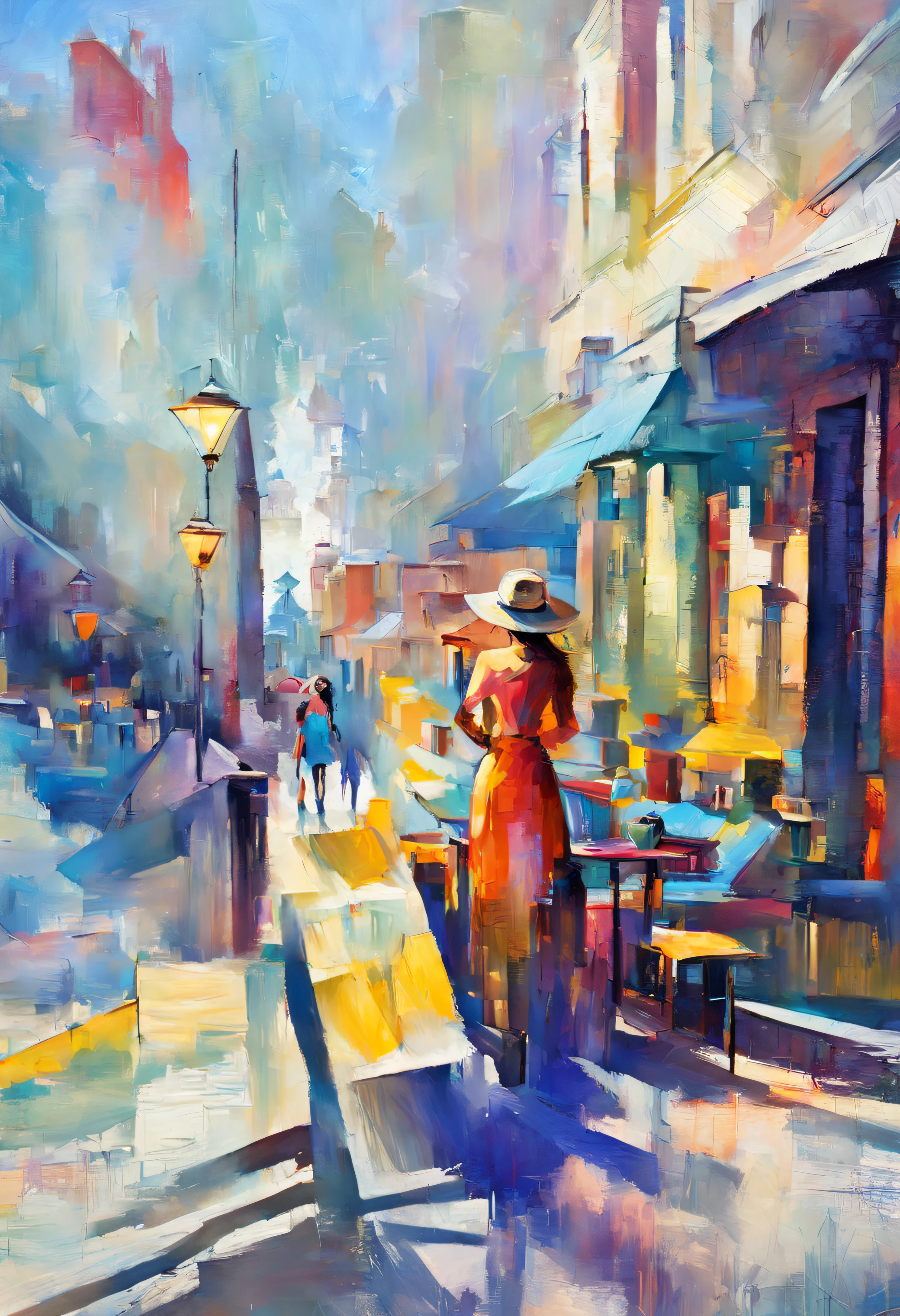 Vista city and skyline，plethora of colors，Crowd movement，There are vehicles passing by the road to produce flying shadows，Close up a delicate woman drinking coffee under a warm street lamp，Bright abstract oil painting style