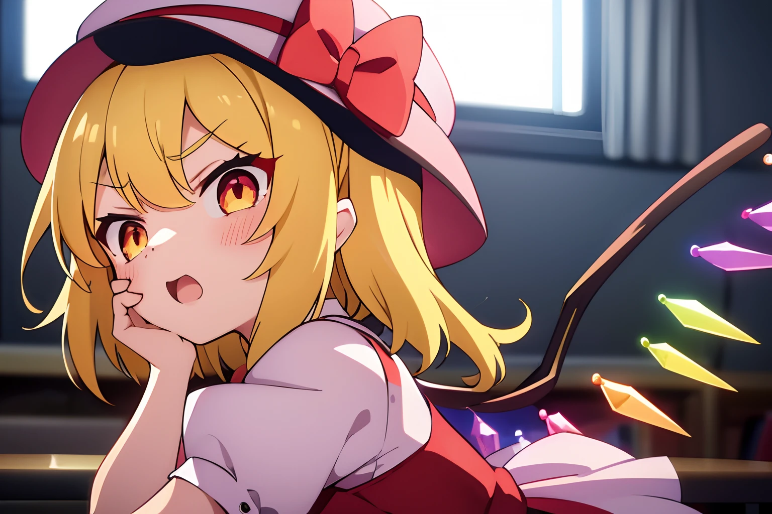 Best Quality, 1girl in, Solo, Flandre Scarlet、Hats、 beautiful countenance、Eye Highlights、Opening Mouth、glares、Bad mood、Petite、bright yellow hair、shortsleeves、childish、Classroom