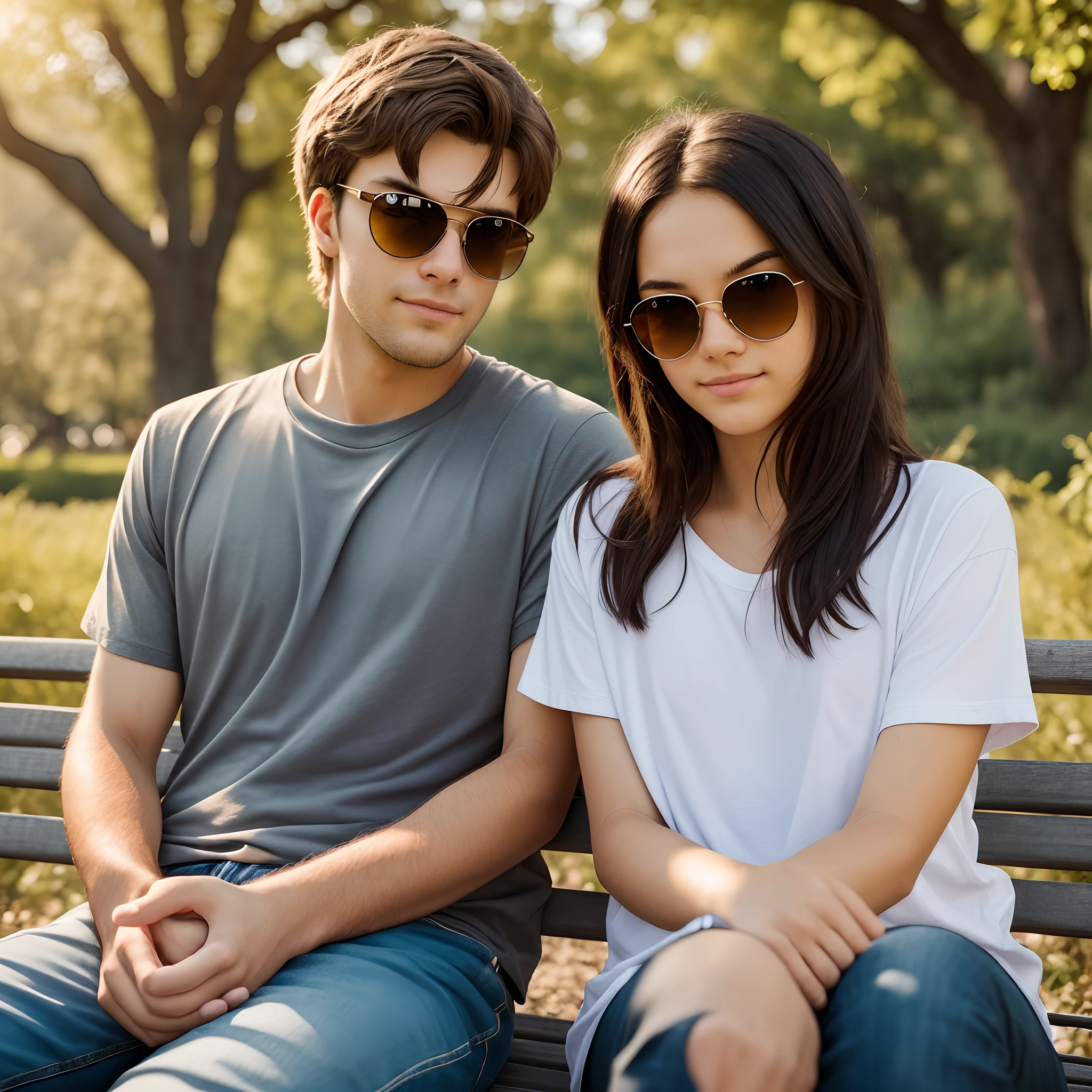 "A photorealistic portrait of two men the first a 40 year old American man with brown hair wearing sunglasses. Wearing a white t-shirt. He should have a natural and approachable expression and be illuminated by the soft golden hour sunlight. the second a teenager in , black hair, wearing a black t-shirt, he must have a worried expression and be illuminated by the soft sunlight of the golden hour. The two must be sitting on a park bench facing the scene. The background must be a picturesque outdoor scene free, with trees and other people around you. Capture this image with a high-resolution photograph using an 85mm lens for a flattering perspective." --auto --s2
