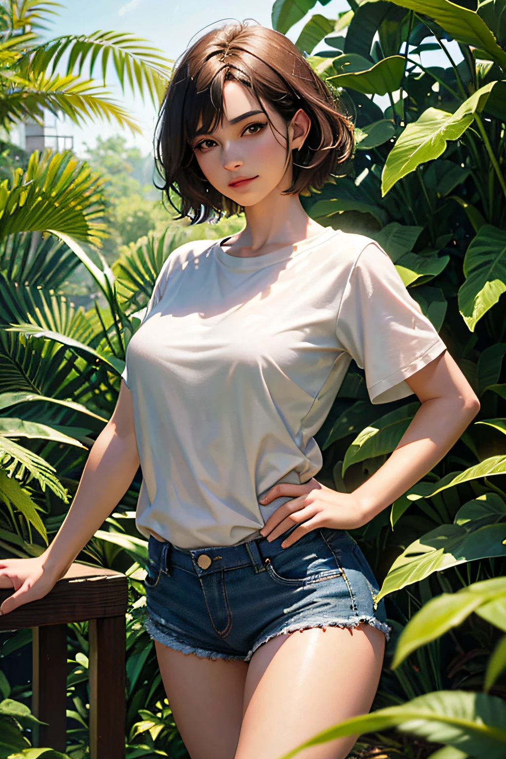 photorealistic portrait, high-res, Soft light,1woman, bara, Hip up, look at viewer, (The young heroine confronts the fern leaf with details.........), Short Hair Hair, jewelry, Silk short-sleeved shirt with thin short sleeves. .pretty smile.1 Shorts:1
