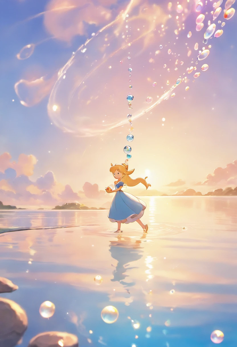 An inspiring scene in ultra-high definition 3D that showcases Cinderella making a wish on the shore of a tranquil lake. Cinderella, Beautifully rendered down to the smallest detail, Bubbles are seen gently blowing into the air, Each has a hopeful wish. Bubbles capture the reflection of the setting sun, Dreamy creation, magical effect. The overall atmosphere is soft, Full of hope and tranquility