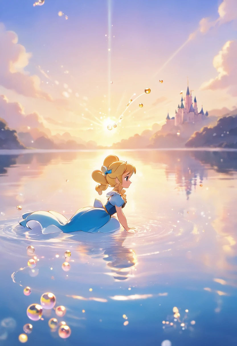 An inspiring scene in ultra-high definition 3D that showcases Cinderella making a wish on the shore of a tranquil lake. Cinderella, Beautifully rendered down to the smallest detail, Bubbles are seen gently blowing into the air, Each has a hopeful wish. Bubbles capture the reflection of the setting sun, Dreamy creation, magical effect. The overall atmosphere is soft, Full of hope and tranquility