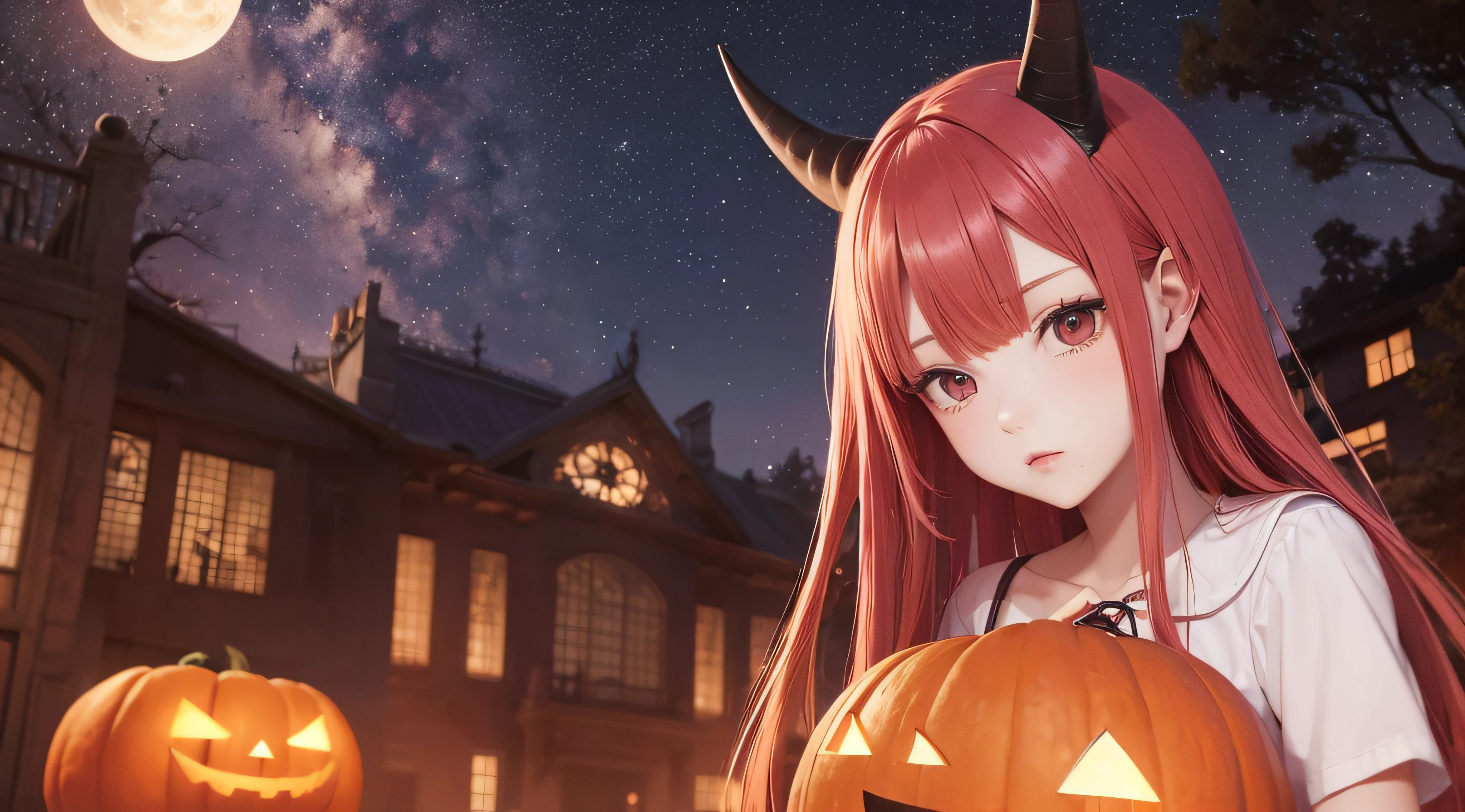 (obra prima) (perfection) (ULTRARREALISTA) (sem defeitos) Red-haired anime girl with horns on her head, 14 anos de idade, badass, Atmosfera de Halloween, Aboboras, triste, sangue, sangrar, castelo, noite, pouca luz, morcegos, ULTRARREALISTA