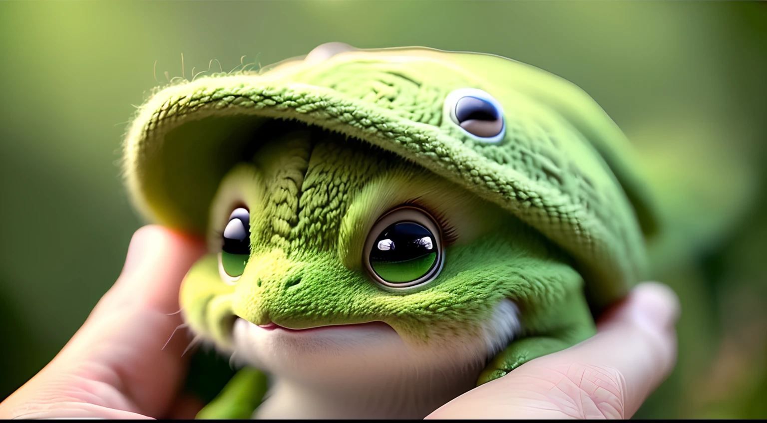 dragon, There is a green stuffed dragon toy in a green cap, Green Head, adorable digital painting, Grogu, Green Hat, cute detailed digital art, Close-up 4K, Green fur, Mr. Grinch, Cute forest creature, close up portrait shot, Green hood, close up portrait shot, Photo of a frog in a hat
