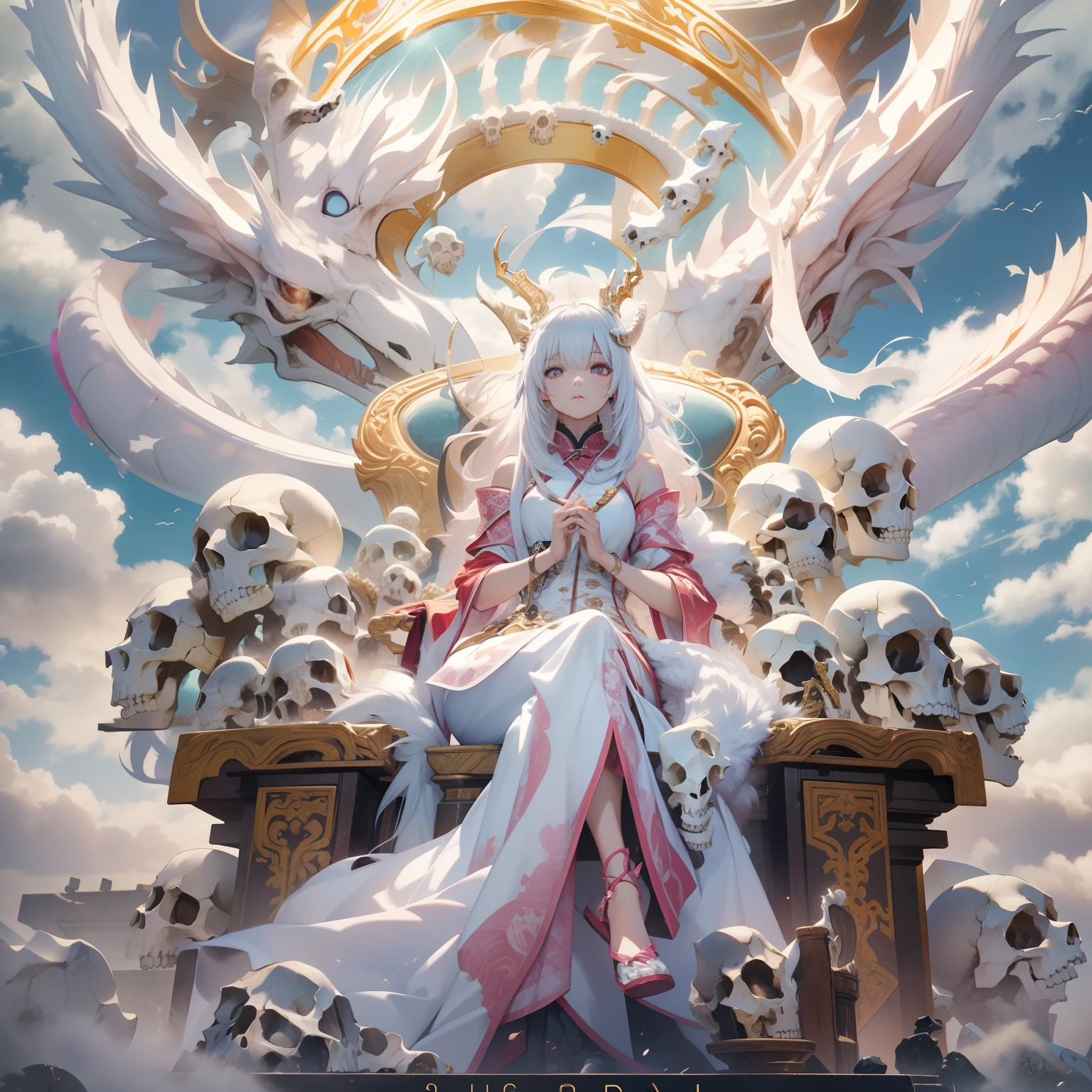 The Chinese white divine dragon soared into the air, ((((The girl is sitting on a throne made of skulls))))：1.3 Sky clouds surround the surroundings，Light magic，Fantastic background，Background of meaning，Absurd background，There are artistic overlays，multicolored hair, Surrealism, cinematic lighting, ray tracing, god rays, speed lines, pov, UHD, masterpiece, best quality, super detail, highres, high quality