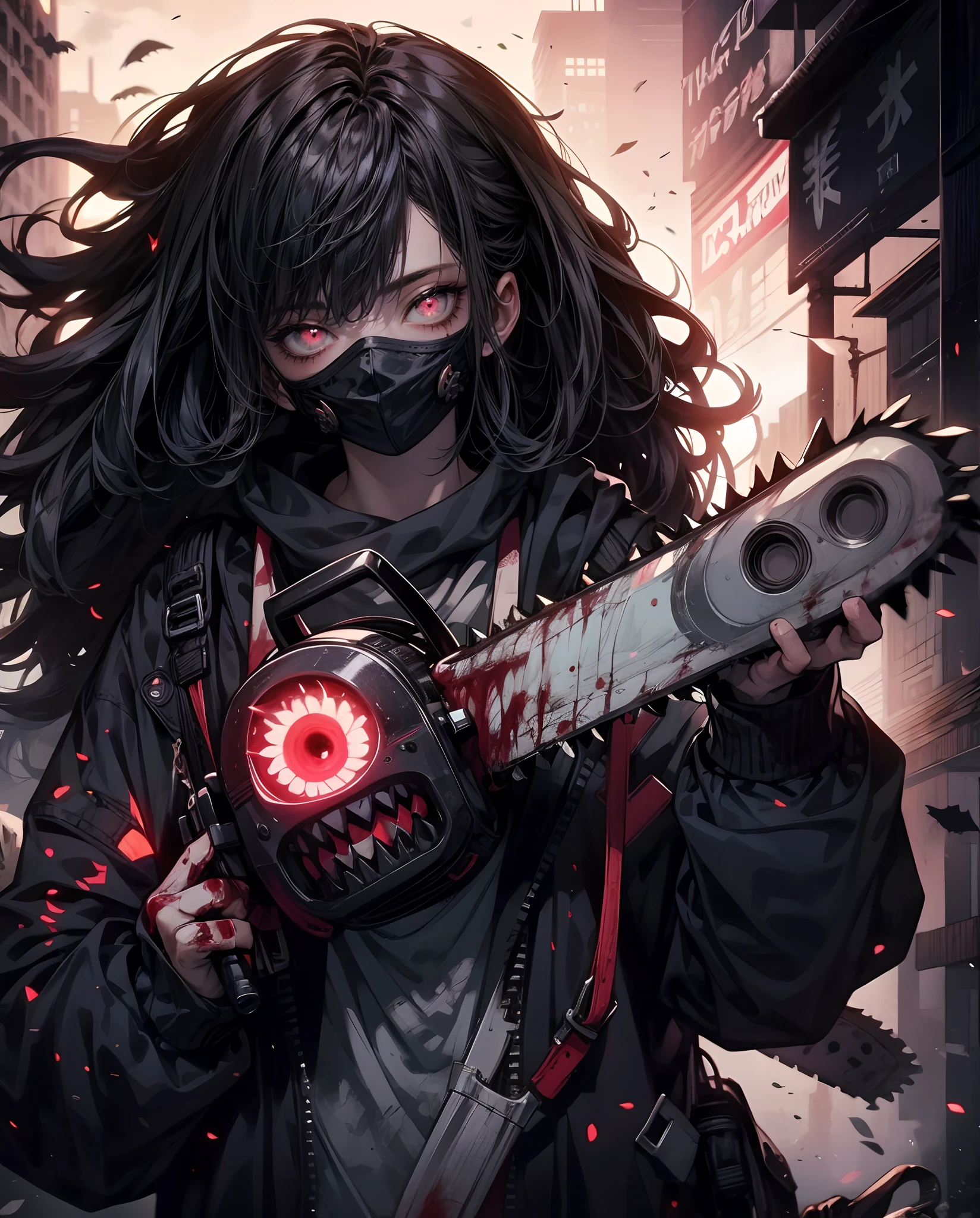 1girl, solo, long_hair, looking_at_viewer, smile, glowing_eyes, holding chainsaw, dystopian city horror background, upper_body, black_hair, blood, mask, glowing, glowing_eyes , holding chainsaw, texas chainsaw girl, horror scane,