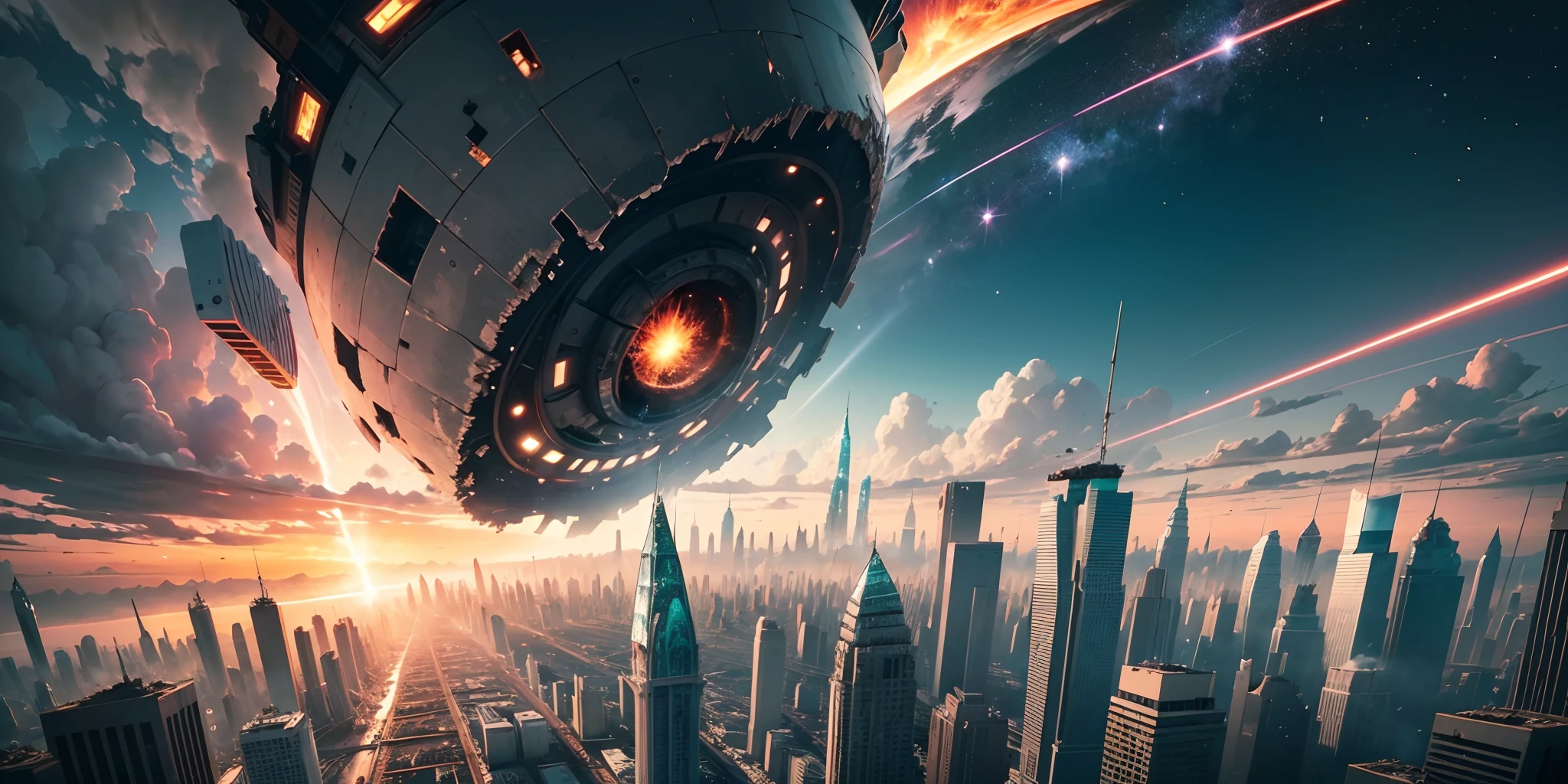 imagine a city destroyed by a meteor and the ground split, image size 9:16 --auto --s2
