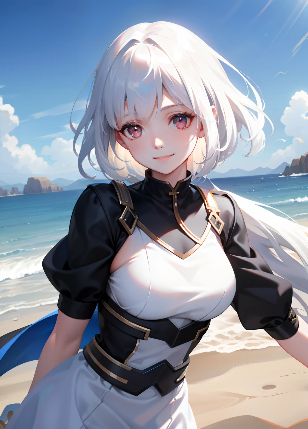 Pretty female, windblow white hair, glowing black eyes, realistic, masterpiece, white skin, little smile, Sand background, 4k, high detailed, high detailed light-imagine -