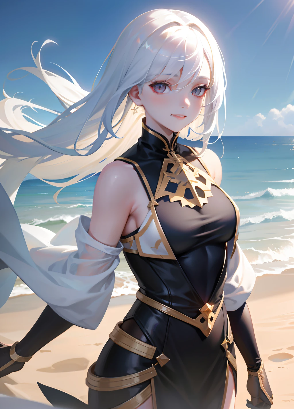 Pretty female, windblow white hair, glowing black eyes, realistic, masterpiece, white skin, little smile, Sand background, 4k, high detailed, high detailed light-imagine -