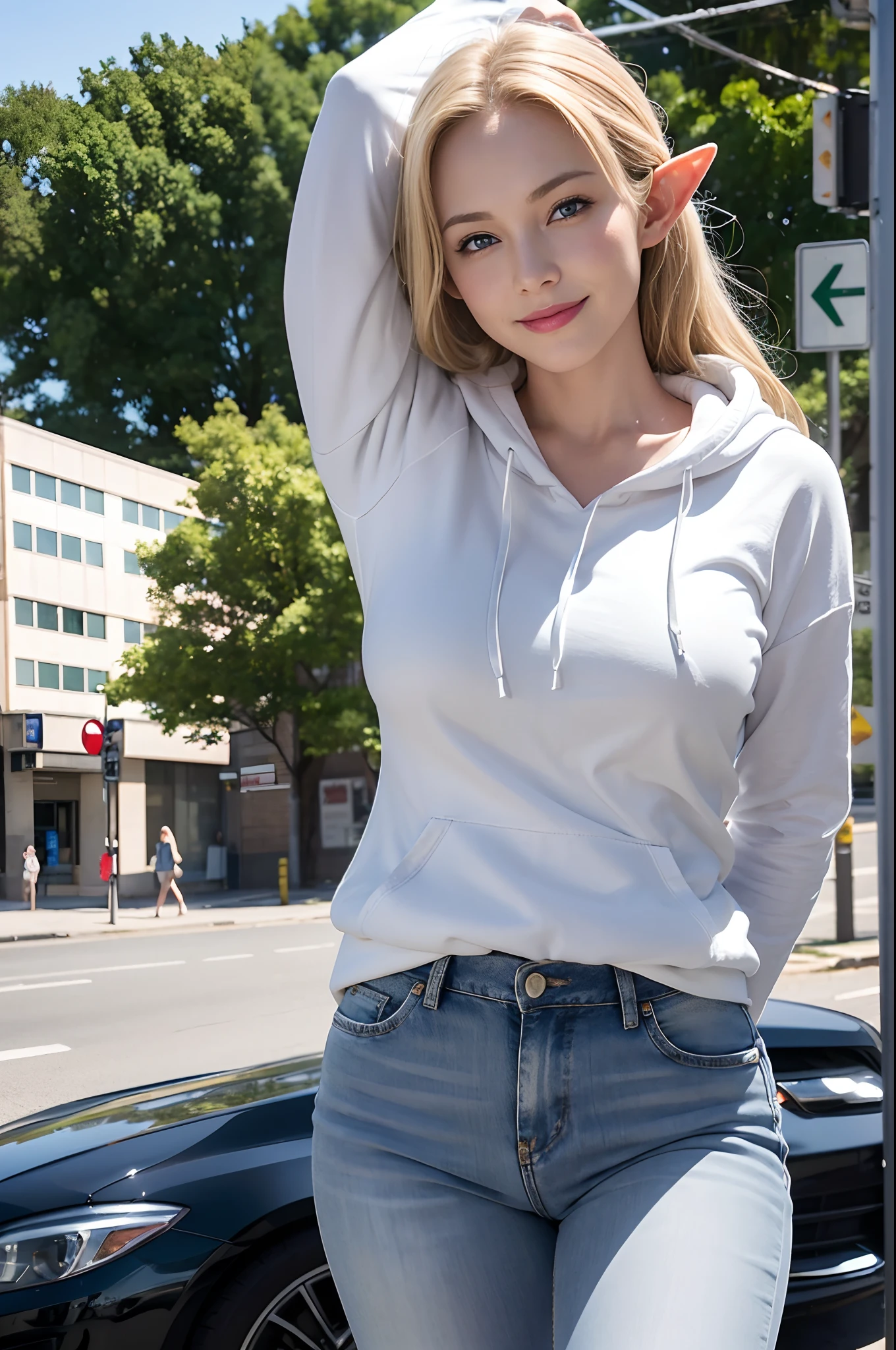 Beautiful woman in her 40s, elf woman, big breasts, blue eyes, white bare skin, ideal proportions, smiling, alone, semi-long blonde hair, white shirt, grey hoodie, jeans, white trainers, arms up behind, waiting at traffic lights at an intersection, long shot, full body shot, ultra realistic, Real capture, high detail, high resolution 16K human skin close-up. Skin texture is natural, pores are identifiably fine, (16K, RAW capture, highest quality 1), (Real Photo 2), (Real Photo realism: 1.37), professional lighting. Photon mapping, physics-based rendering.
