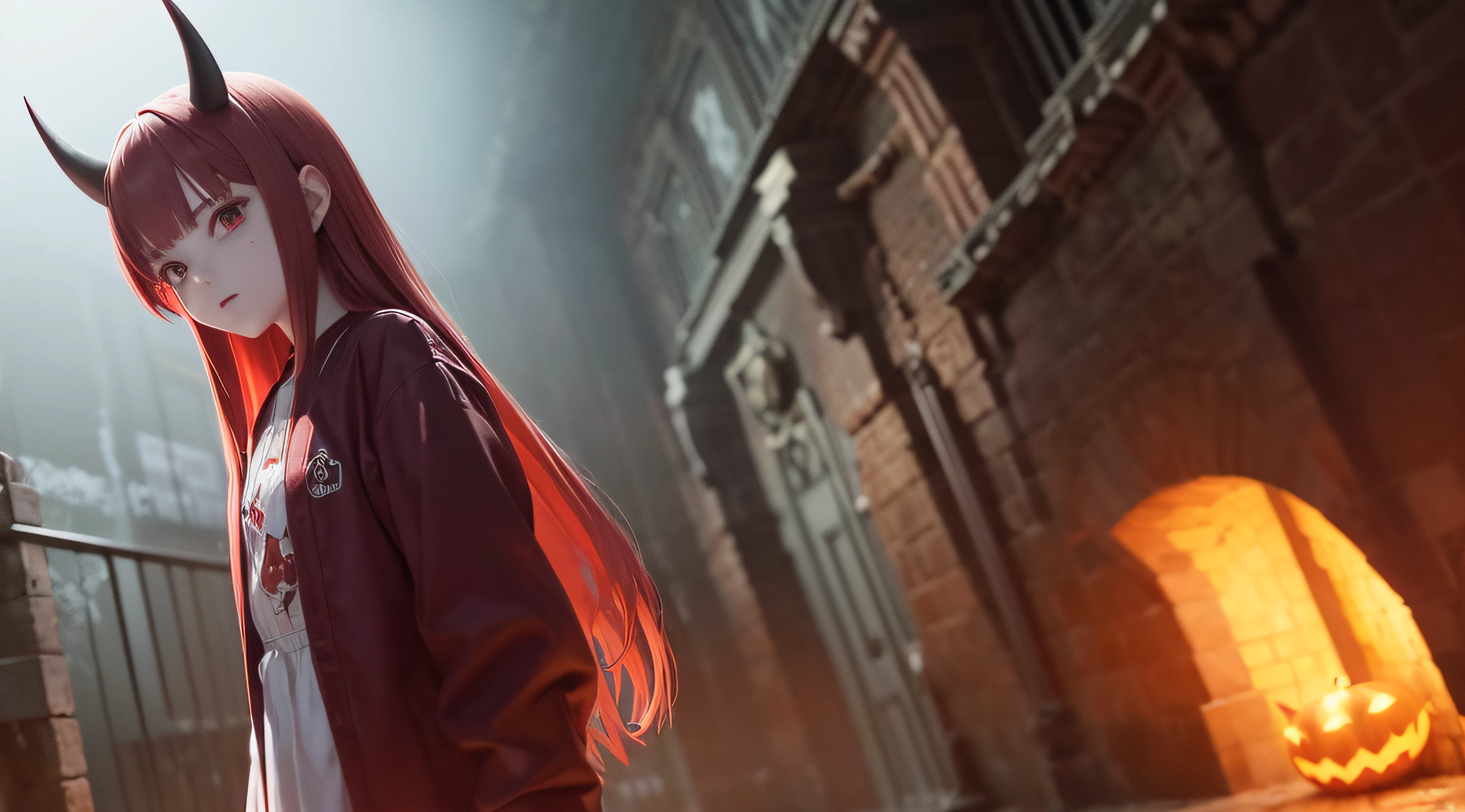 (obra prima) (perfection) (ULTRARREALISTA) (sem defeitos) Red-haired anime girl with horns on her head, 14 anos de idade, badass, Atmosfera de Halloween, Aboboras, triste, sangue, sangrar, castelo, noite, pouca luz, morcegos, ULTRARREALISTA