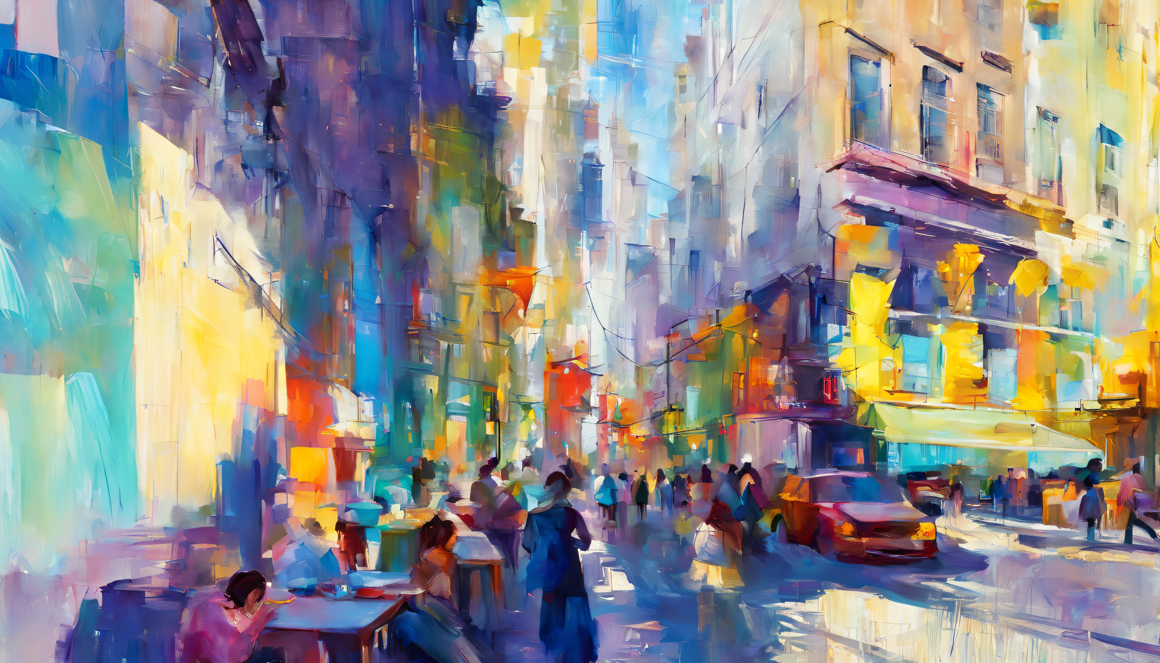 Vista city and skyline，plethora of colors，Crowd movement，There are vehicles passing by，Produces flying shadows，Close up of a delicate woman drinking coffee under a warm street lamp，Bright abstract oil painting style