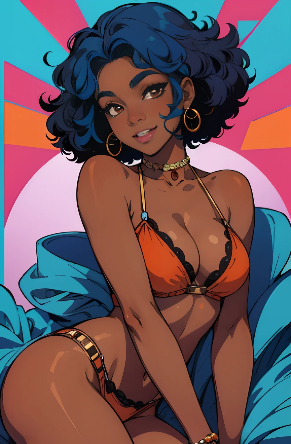 (best quality:1.1),original,1girl,smiling,chic,trendy,short afro hair, dark skin, makeup, 1970's, blue hair, brown eyes, anime style, niji