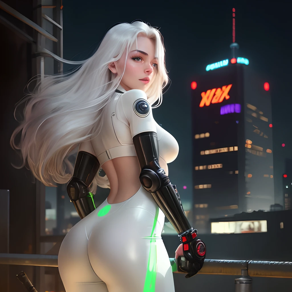 1woman, medium breasts, medium butt, thick hips, wearing white latex bodysuit, white pants legs, white hair, long hair, straight hair, hair covering one eye, neon green eyes, glowing eyes, exposed forehead, hair between eyes, at night, on a rooftop in a cyberpunk city, bionic legs, mechanic abdomen, mechanic hips, mechanic legs, katana on back