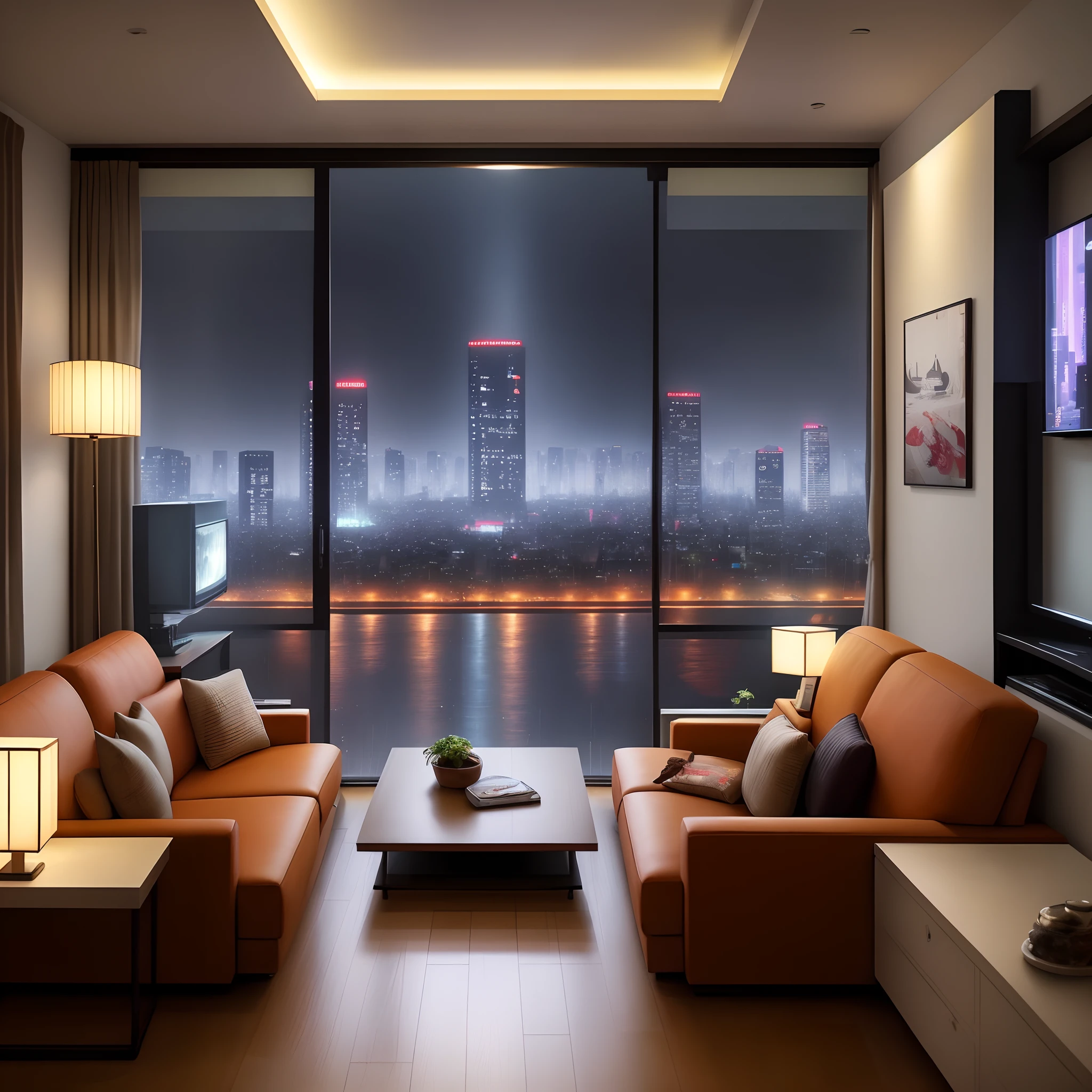 "Japanese futuristic stylish modern living room,Features a stylishly designed TV, Comfortable sofa, and a stylish work desk. Rooms feature floor-to-ceiling windows,Enjoy the rainy view of the bustling city at night, Create a mesmerizing cyberpunk atmosphere."
