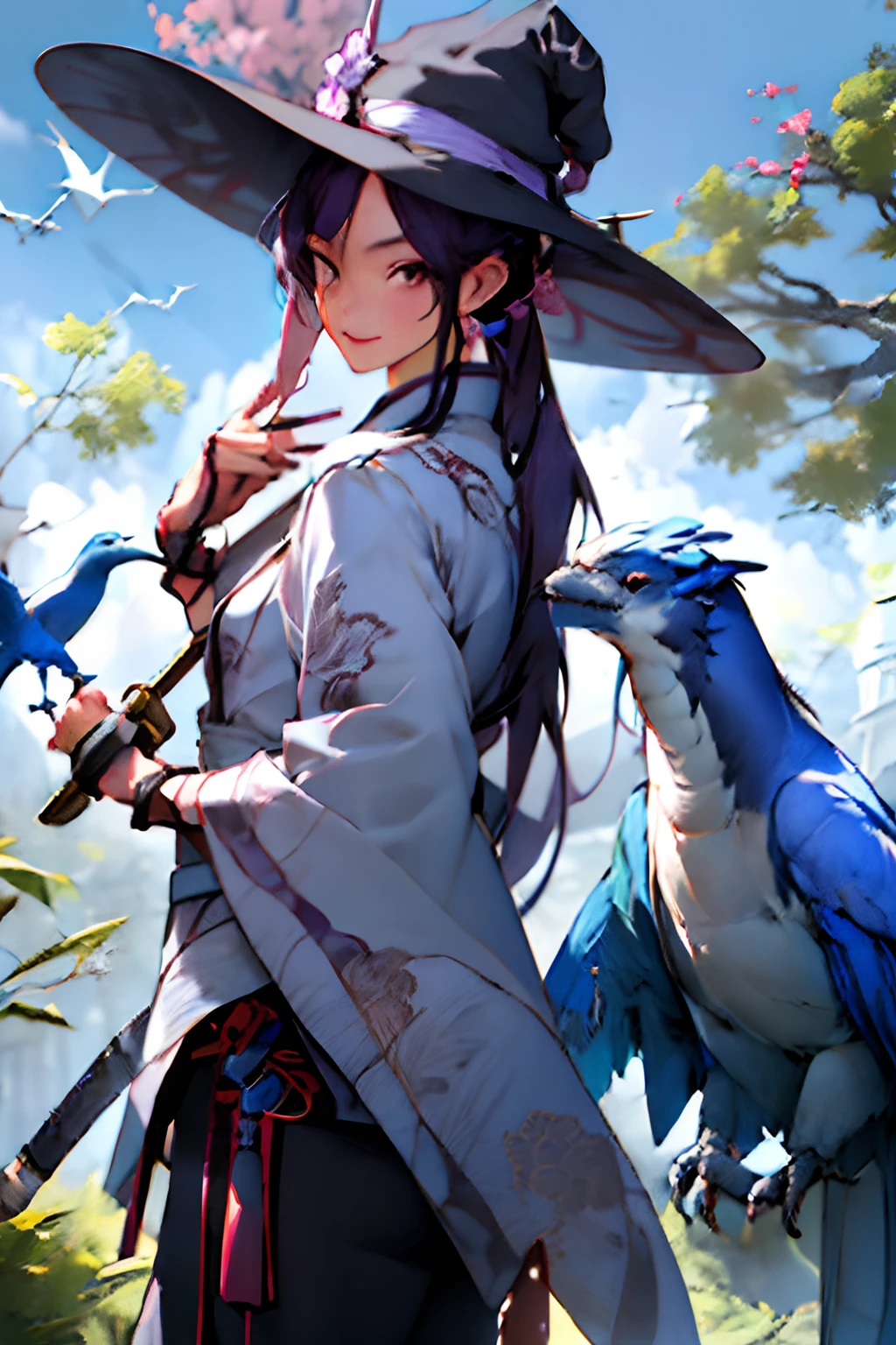 girl, purple hair, she is holding an ancient Chinese sword, letterboxed, holding, outdoors, bird, standing, cloud, 1boy, weapon, from behind, sky, cloudy sky, animal, holding weapon, eastern dragon, monster, 1other, hat, fog,