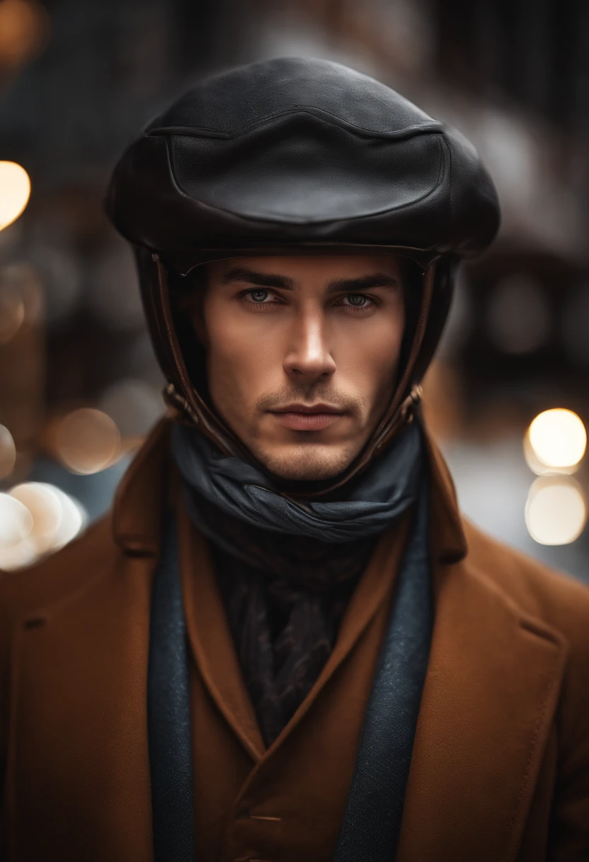 Photo portrait of a beautiful male photo of the whole body, Des yeux marrons parfaits, Porter un manteau mecha minable, ((Light Bokeh)), complexe, (steel metal [se reposer]), elegant, mise au point nette, photo par Greg Rutkovsky, softlighting, couleurs vives, Masterpiece, (rue)), Detailed realistic face, gros plan du visage