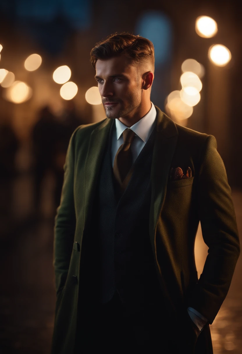 Photo portrait of a beautiful male photo of the whole body, Des yeux marrons parfaits, Porter un manteau mecha minable, ((Light Bokeh)), complexe, (steel metal [se reposer]), elegant, mise au point nette, photo par Greg Rutkovsky, softlighting, couleurs vives, Masterpiece, (rue)), Detailed realistic face, gros plan du visage