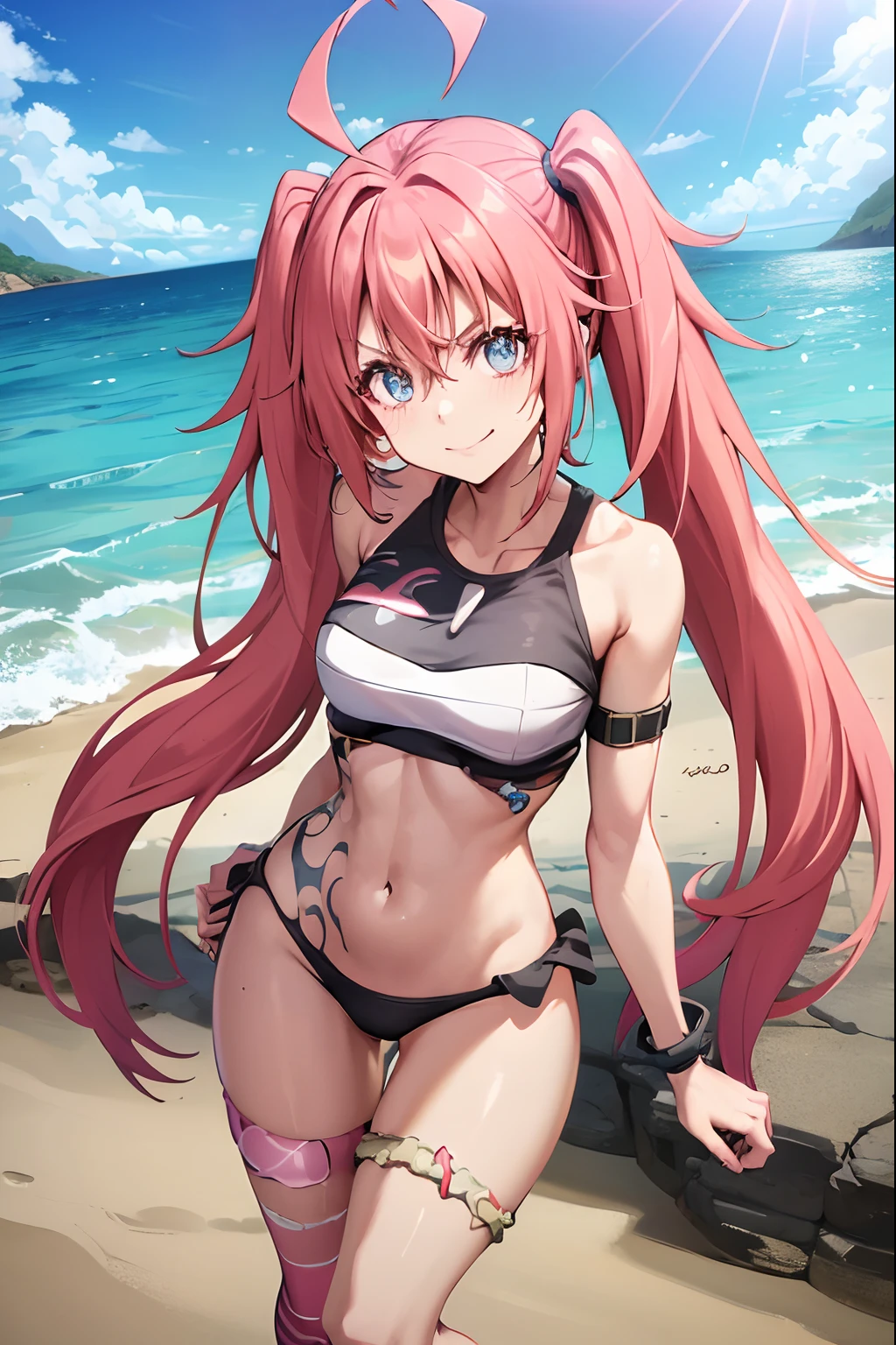 ((female)), (very messy hair), (sorriso feliz), Barragens, ((abdominais rasgados)), Toned arms and legs, peitos pequenos, Suor excessiva, (Summer beach scenery), olhos bem azuis, ((standingn)), bare-legged, pernas musculosa
