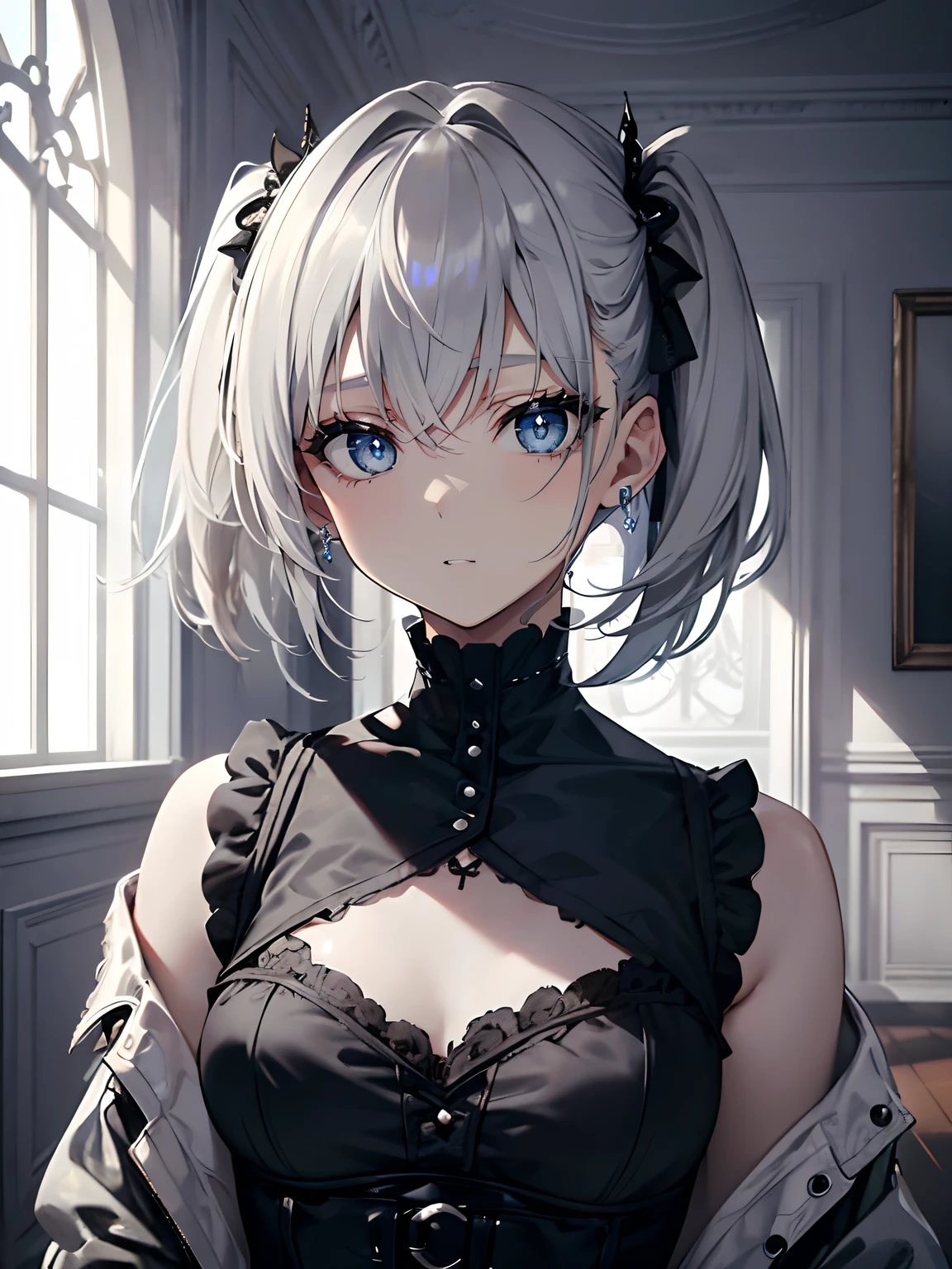 (masterpiece,best quality,ultra-detailed),1girl,white and silver and grey hair,short hair,short twintails,(messy hairstyle),gothic punk fashion, beautiful and detailed face, detailed eyes,(grey theme),looking at viewer,top,jacket,small chest,in a room,looking at viewer