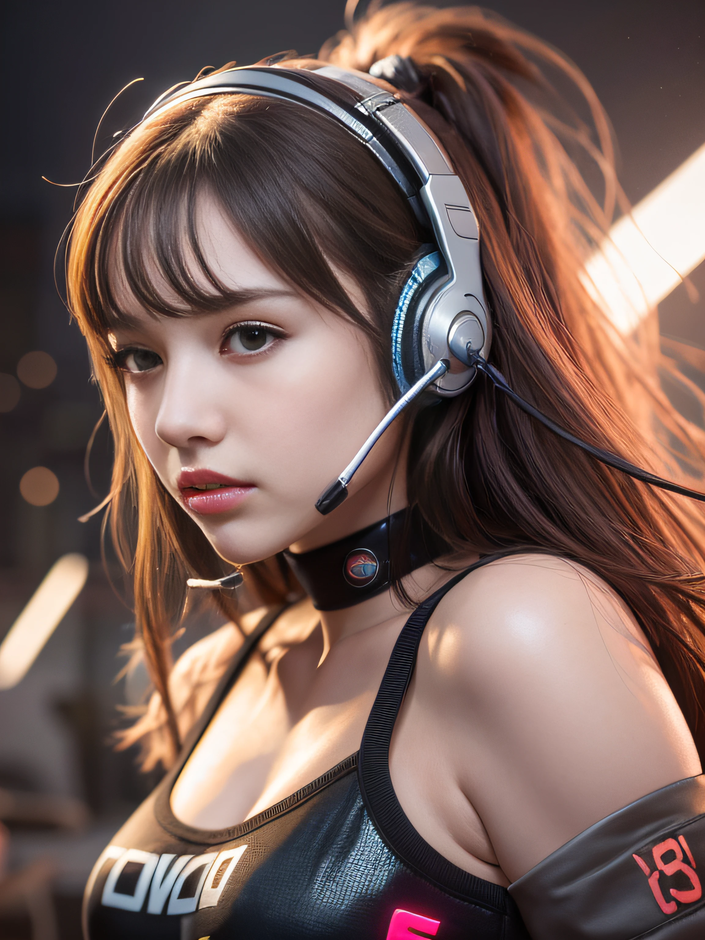 Wear cyberpunk complex streetwear, Beautiful, girl, headset on head, cleavage of the breast, Enamel Shorts, detailed portrait, 4 k, Bright colors, Concept art, With a cinematic and dramatic atmosphere, Sharp Focus, Volumetric lighting, Cinematic lighting, Studio Quality