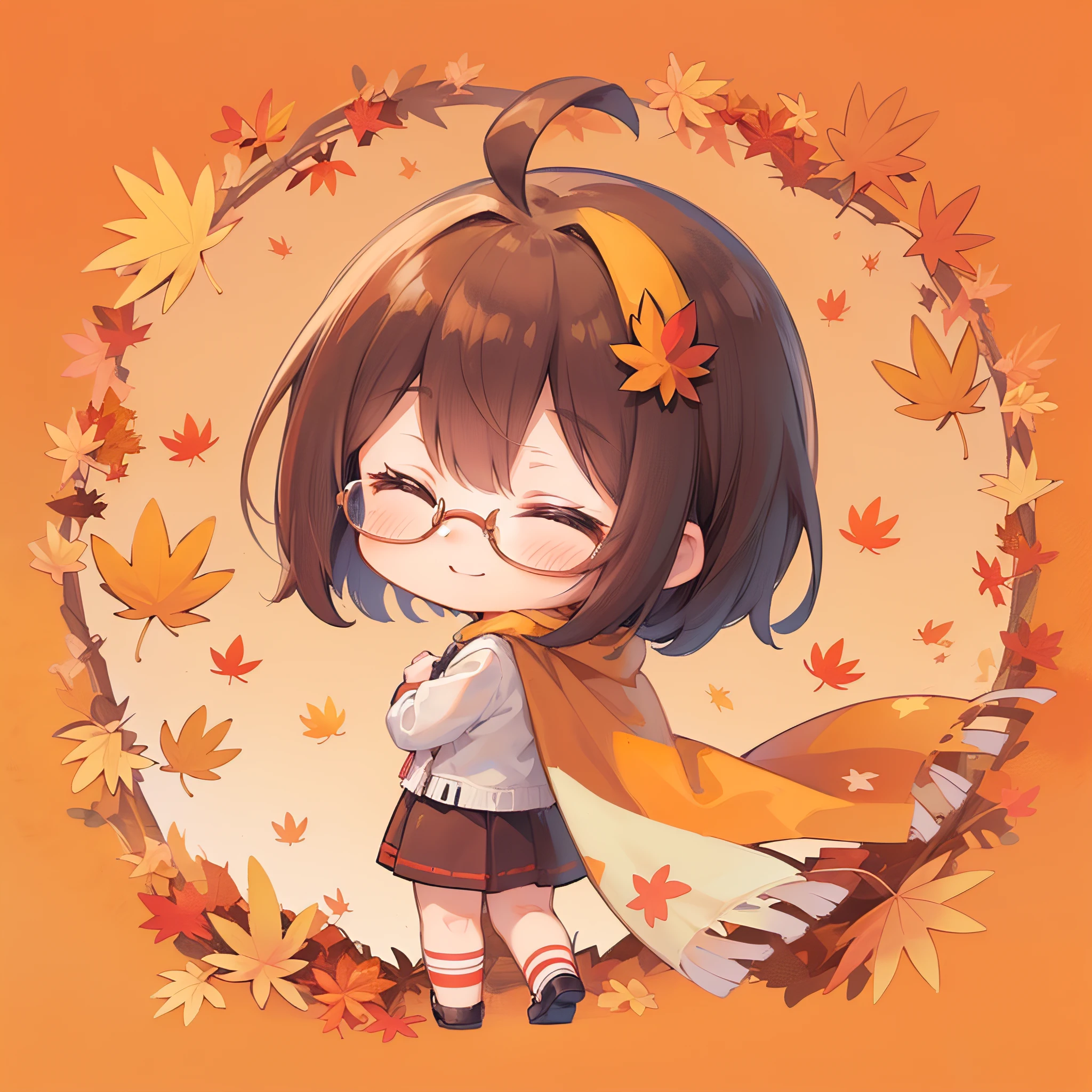 (((masutepiece))), Best Quality, Extremely detailed, (from the rear), (casual:1.2), (shawls:1.2), (((girl with))), (((Solo))), Happy, Glasses, Closed eyes, Full body, Ahoge, (((Deformed))), (((Chibi Character))), (((Autumn background))), (Bright red background), (((Autumn Leaf Felt))),