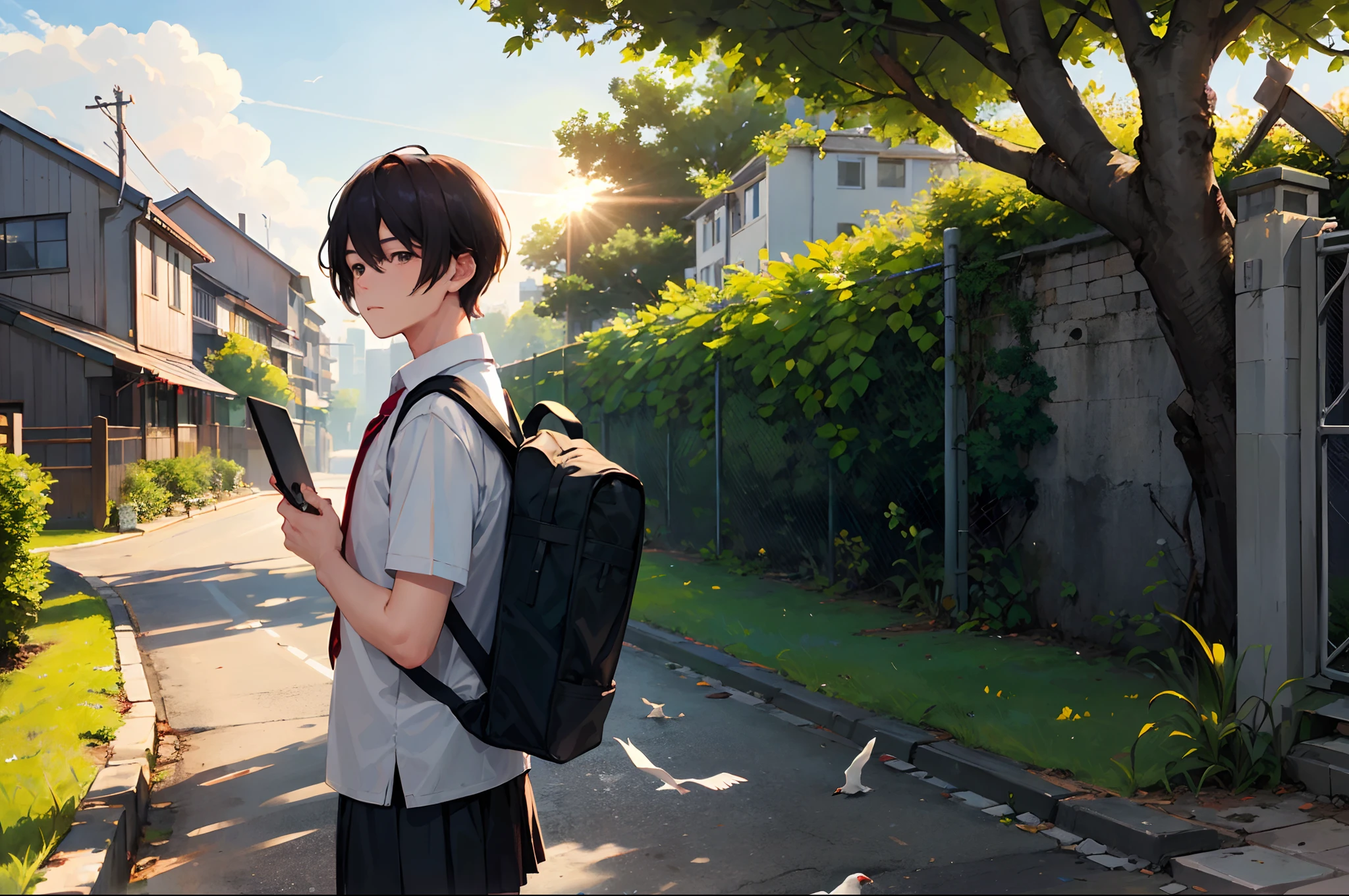 masterpiece, best quality, 1boy, male focus, handsome, residential area, fence, spindle trees, afternoon sun, the way home from school, school uniform, backpack, flock of birds, from directly side, depth of field