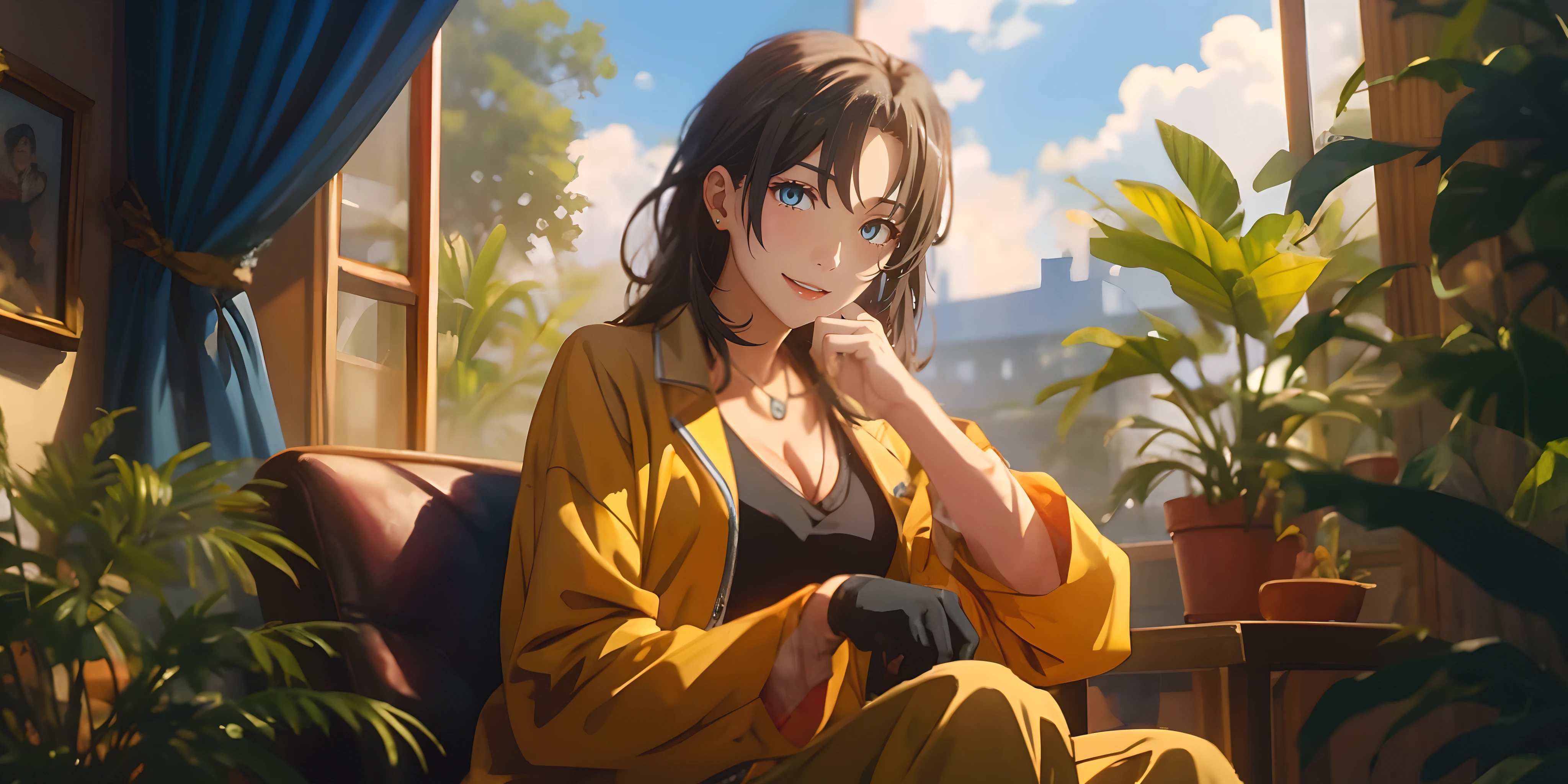 (long hari, black hair:1.6), sensei, sweating, glowing eyes, heavy breathing, female focus, 1girl, solo, breasts, sitting, looking_at_viewer, cleavage, large_breasts, pants, midriff, plant, choker, night, wet, potted_plant, bottle, boots, jewelry, sky, curtains, cropped_jacket, medium_breasts, blush, city, jacket, lips, water, gloves, window, "Photorealistic, Hyperrealistic, Hyperdetailed, analog style, soft lighting, subsurface scattering, realistic, heavy shadow, masterpiece, best quality, ultra realistic, 8k, golden ratio, Intricate, High Detail, film photography, soft focus", anime coloring, anime screencap, sweating, steaming body, fog